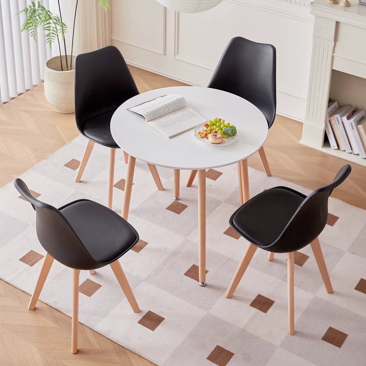 EGOONM Nordic round Dining Table and Set of 4 Dining Chairs with PU Cushion for Dining Room Kitchen Restaurant Balcony Home