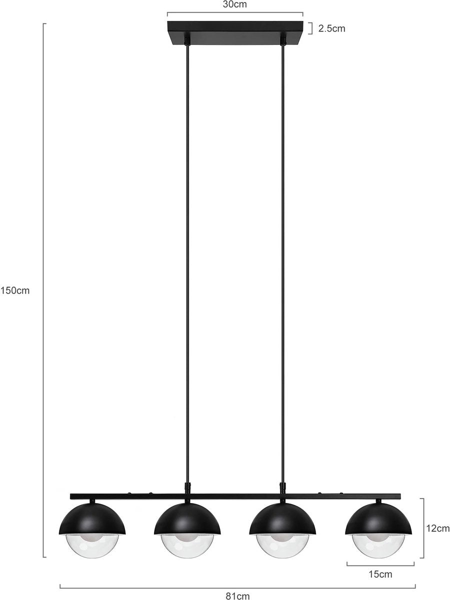 Hanglamp Eettafel – Zwarte Glazen Hanglamp met 4 Bollen (G9 Fitting)