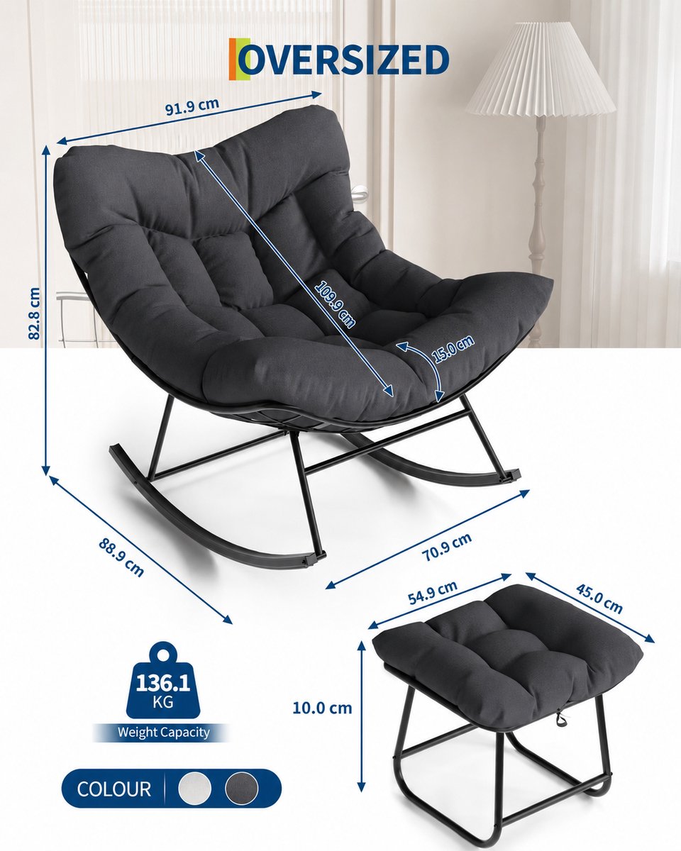 Papasan Schommelstoel voor Buiten met Kussen – Grote Rotan Loungestoel met Metalen Frame voor Tuin, Balkon & Veranda
