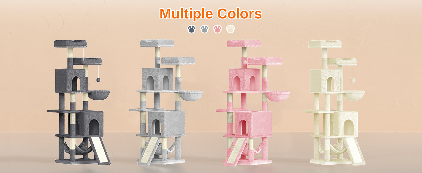 Katten Krabpaal 158 cm – Grote Kattenboom met 2 Huisjes, 2 Hangmatten & 7 Sisal Krabpalen – Luxe Klimtoren voor Binnenkatten