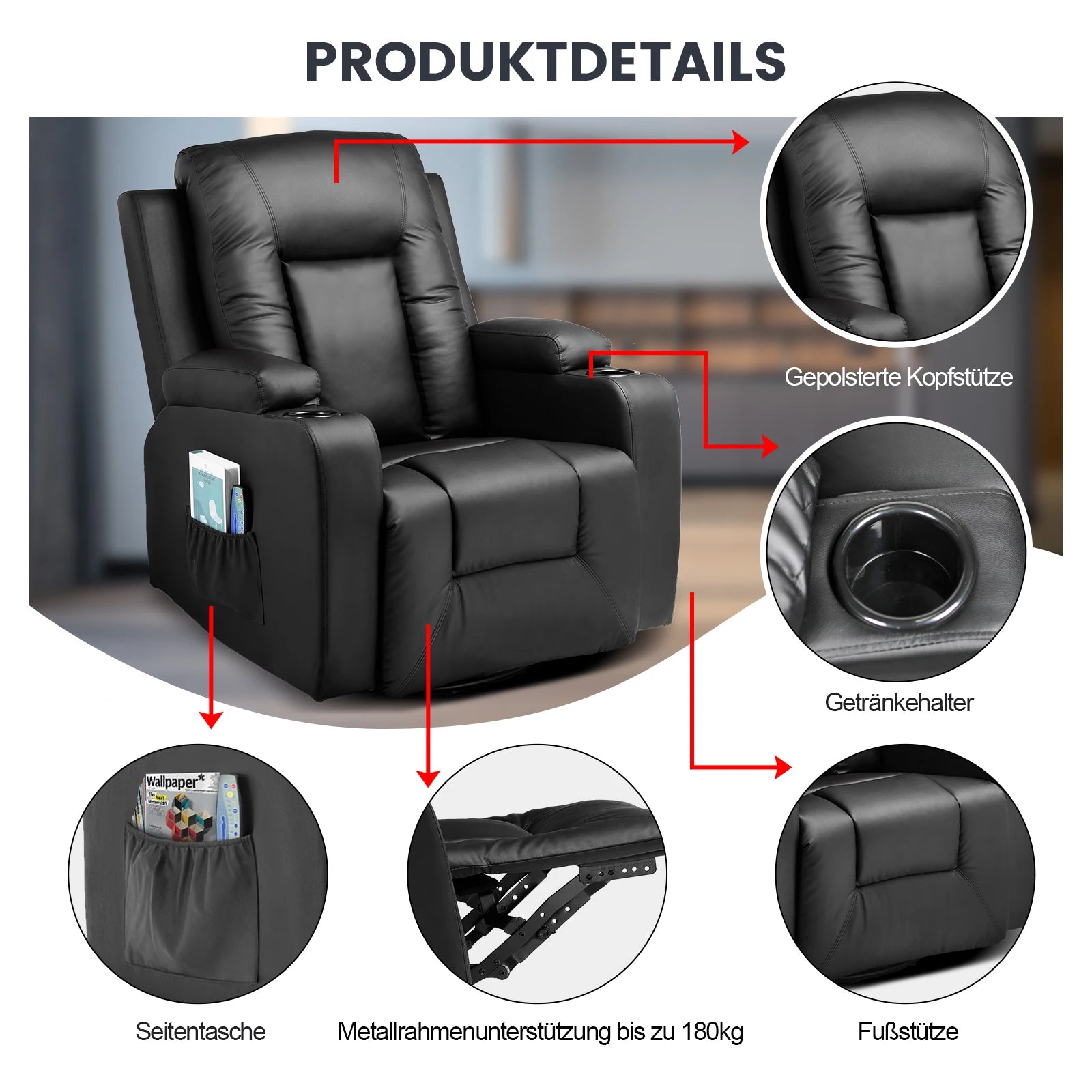 Luxe Relaxfauteuil 360° Draaibaar – Verstelbare TV Stoel met Voetsteun en Kunstleren Bekleding
