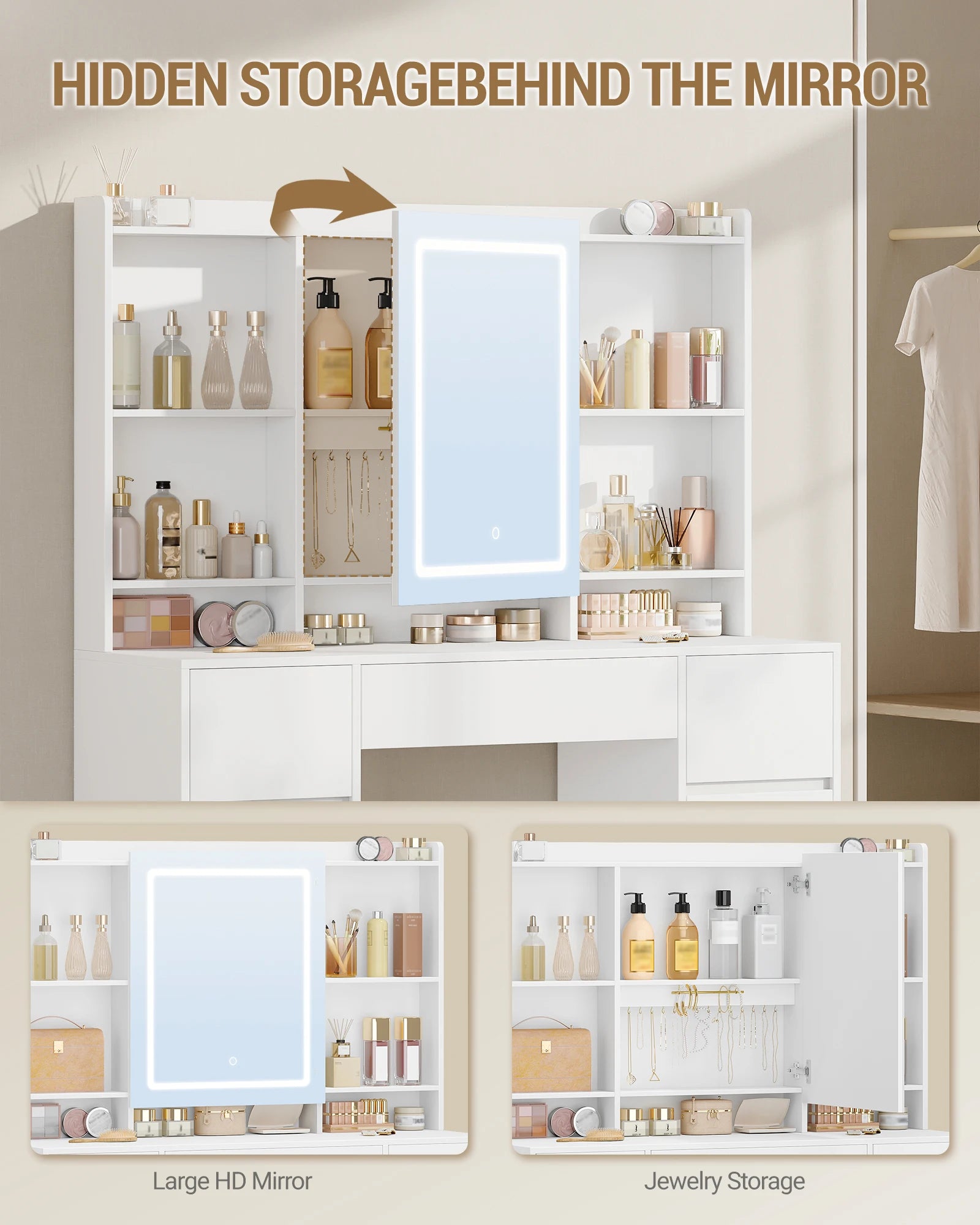 Grote Kaptafel met LED‑Spiegel en Verstelbare Verlichting – 7 Laden & 4 Open Planken – Moderne Make‑Up Tafel voor Slaapkamer