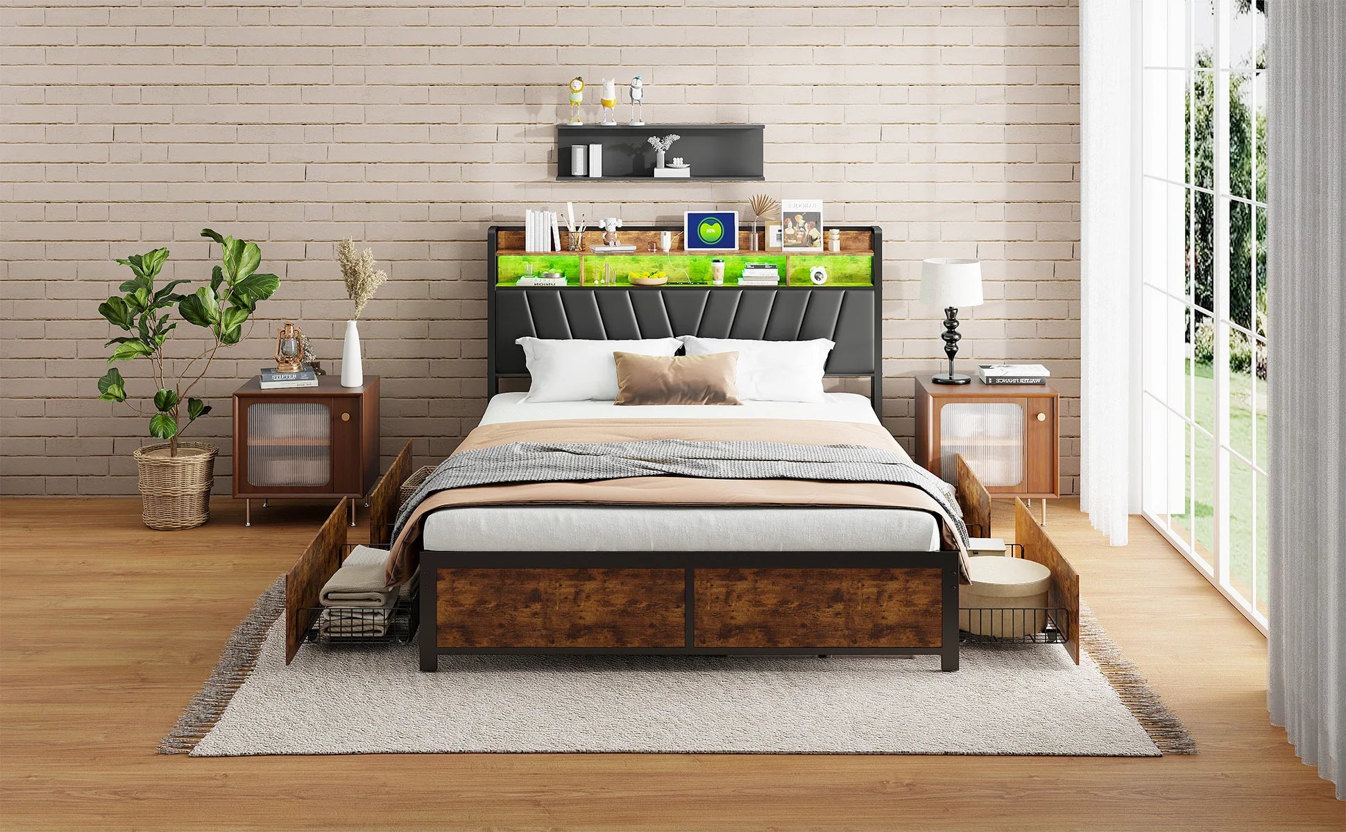 Tweepersoonsbedframe met LED‑verlichting en opbergruimte – 140‑180×200 cm