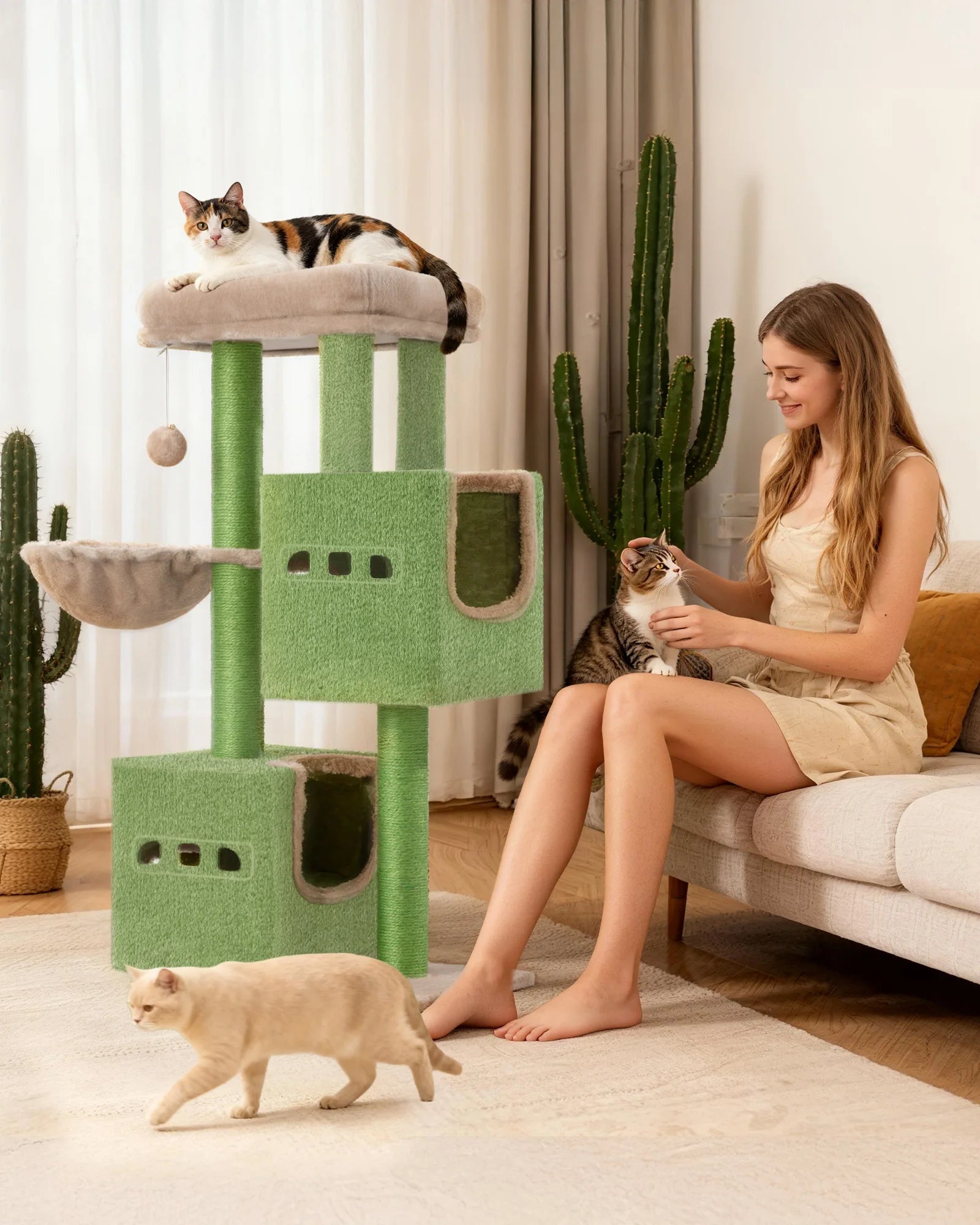 Krabpaal 98 cm – Stabiele Kattenboom met Grote Ligplek, 2 Holletjes, Sisal Krabpalen & Speelballen – Ideaal voor Meerdere Katten