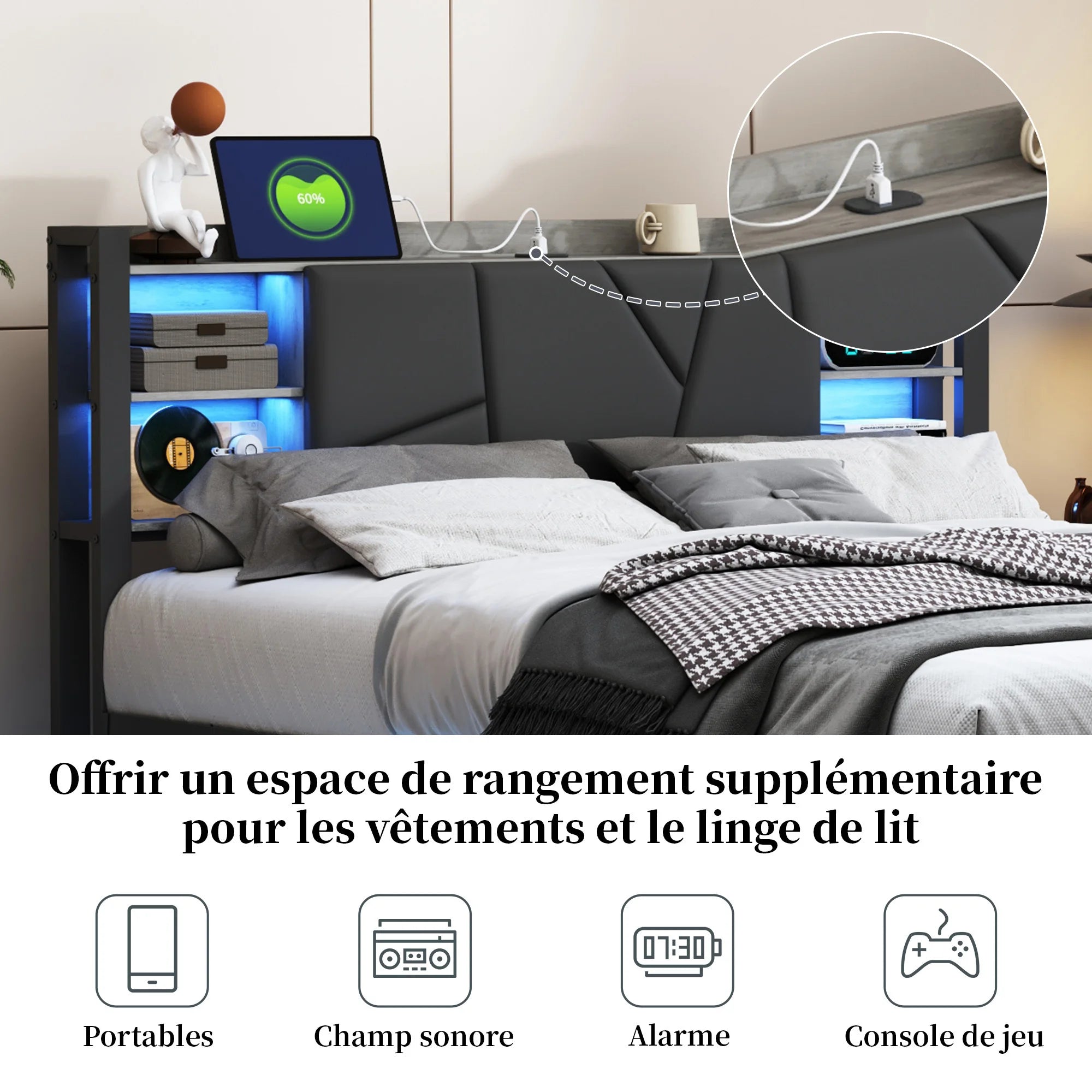 Gestoffeerd Tweepersoonsbed met Lade‑Opbergruimte, LED‑Verlichting en USB‑Oplaadpoort – 140/160/180 × 200 cm