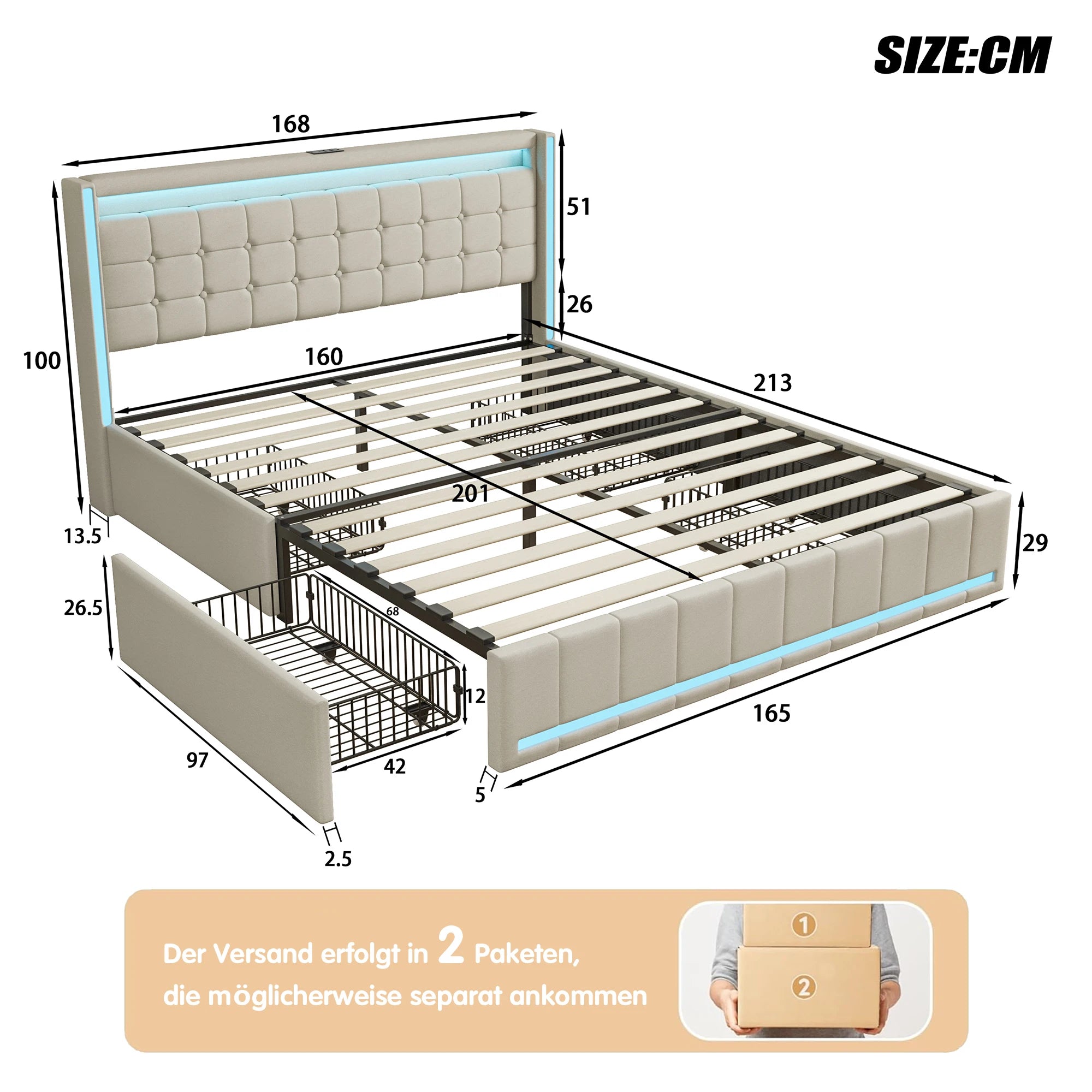 Linnen Bed 140-160x200 cm met Opberglades, LED Verlichting & USB Oplaadpoorten