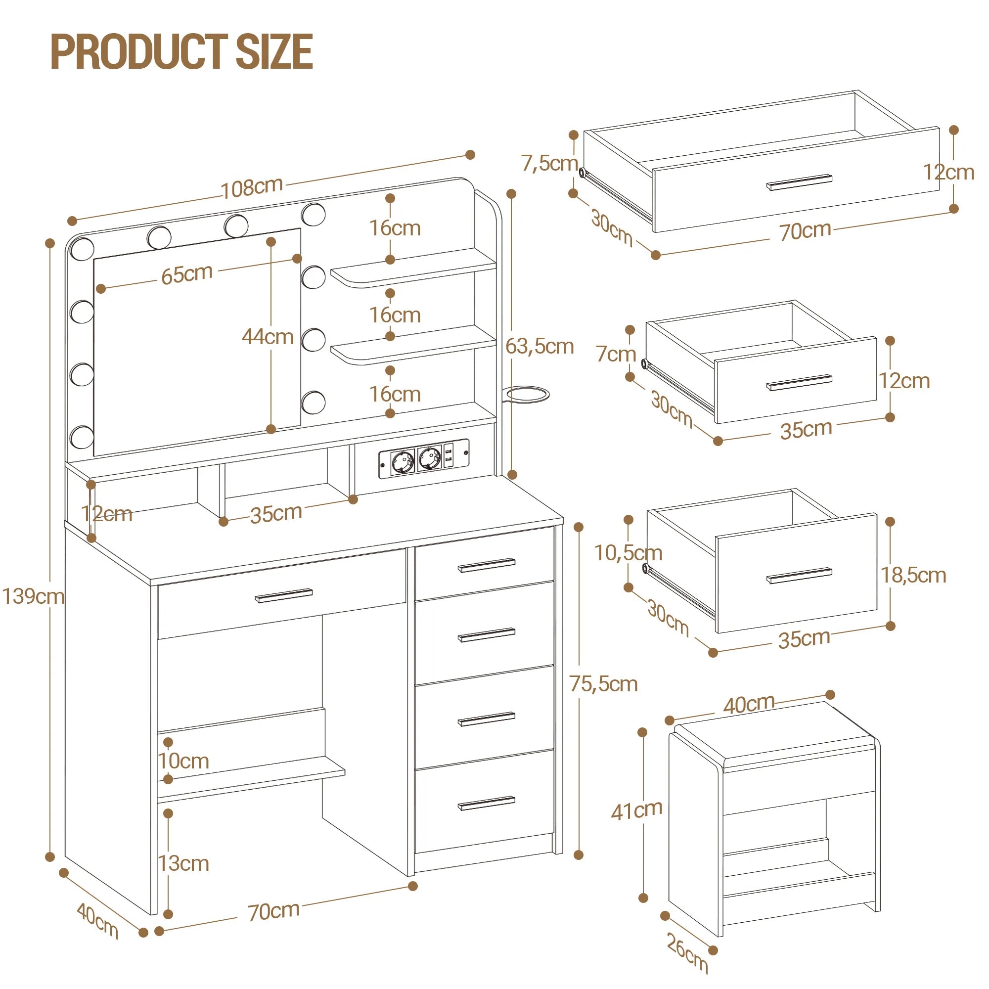 Grote Make‑up Tafel met LED Spiegel, Kruk en Oplaadstation – Moderne Schoonheidstafel voor Slaapkamer