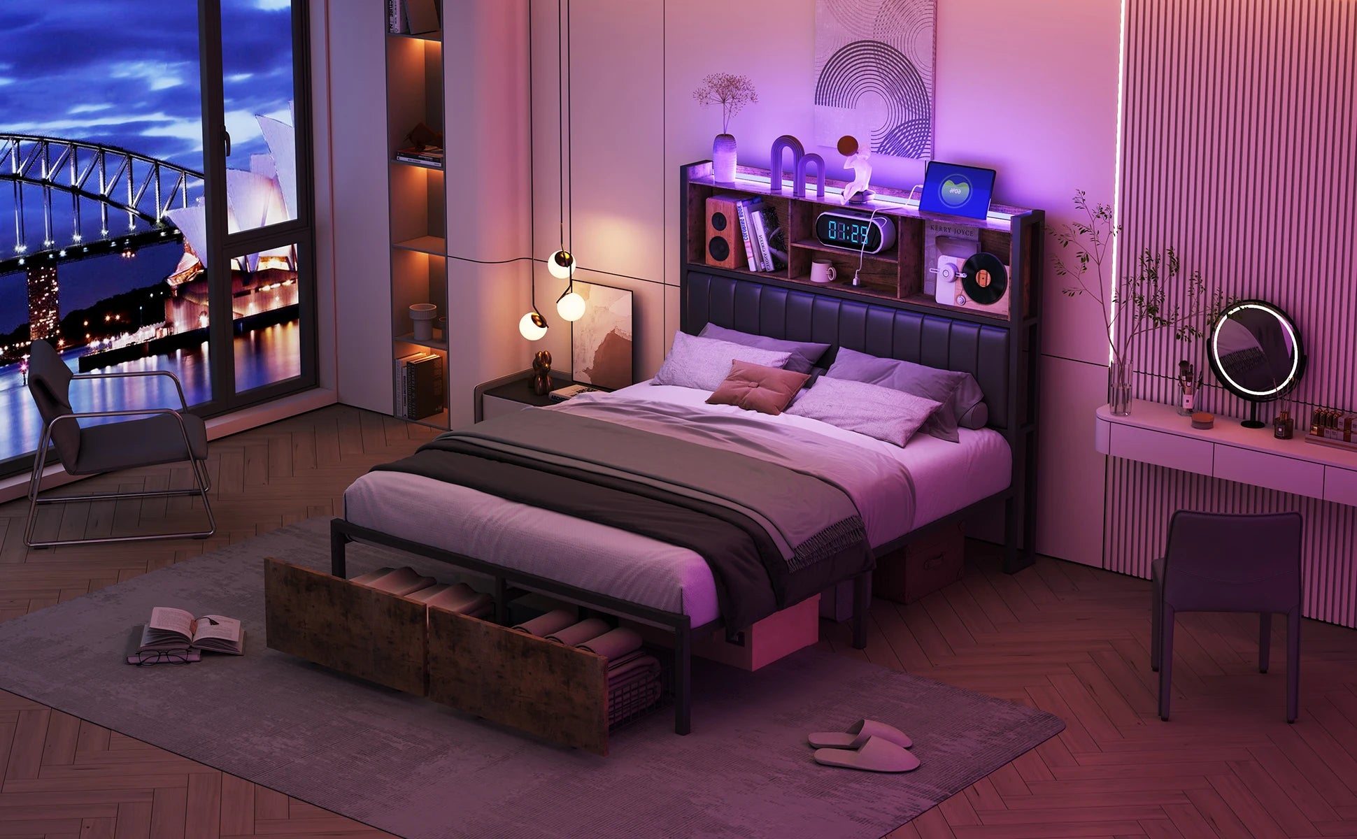 Bedframe 140–180x200 cm Zwart met LED‑verlichting en USB‑poorten – Gestoffeerd Opbergbed
