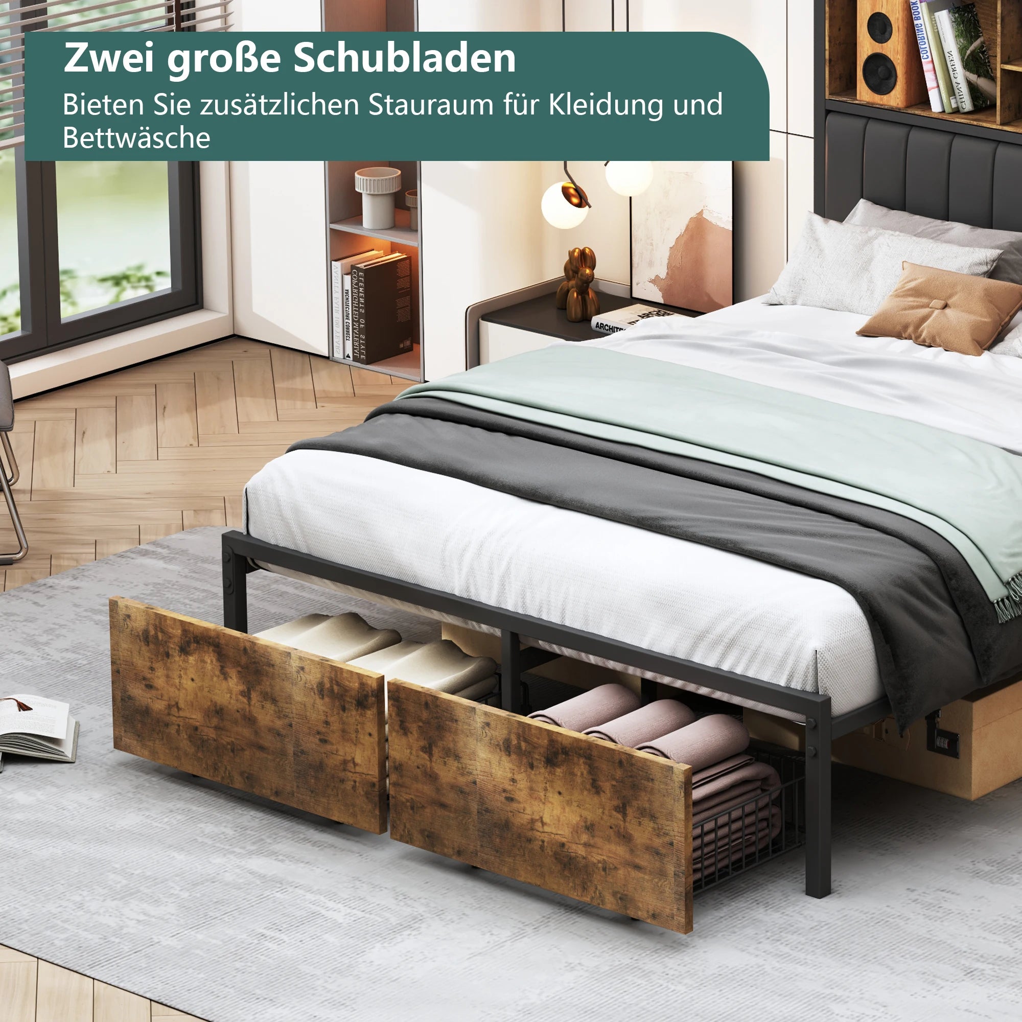 Bedframe 140–180x200 cm Zwart met LED‑verlichting en USB‑poorten – Gestoffeerd Opbergbed