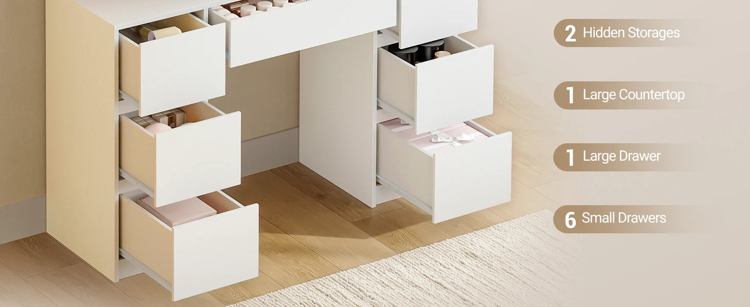 Grote Kaptafel met LED‑Spiegel en Verstelbare Verlichting – 7 Laden & 4 Open Planken – Moderne Make‑Up Tafel voor Slaapkamer