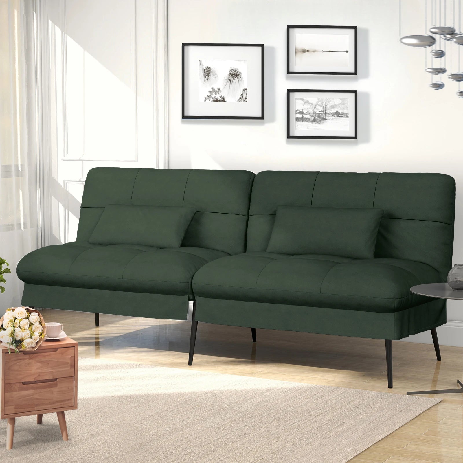 3-Zits Opvouwbare Slaapbank – Futon Hoekbank met Verstelbare Rugleuning – Grijs Stoffen Sofa Bed