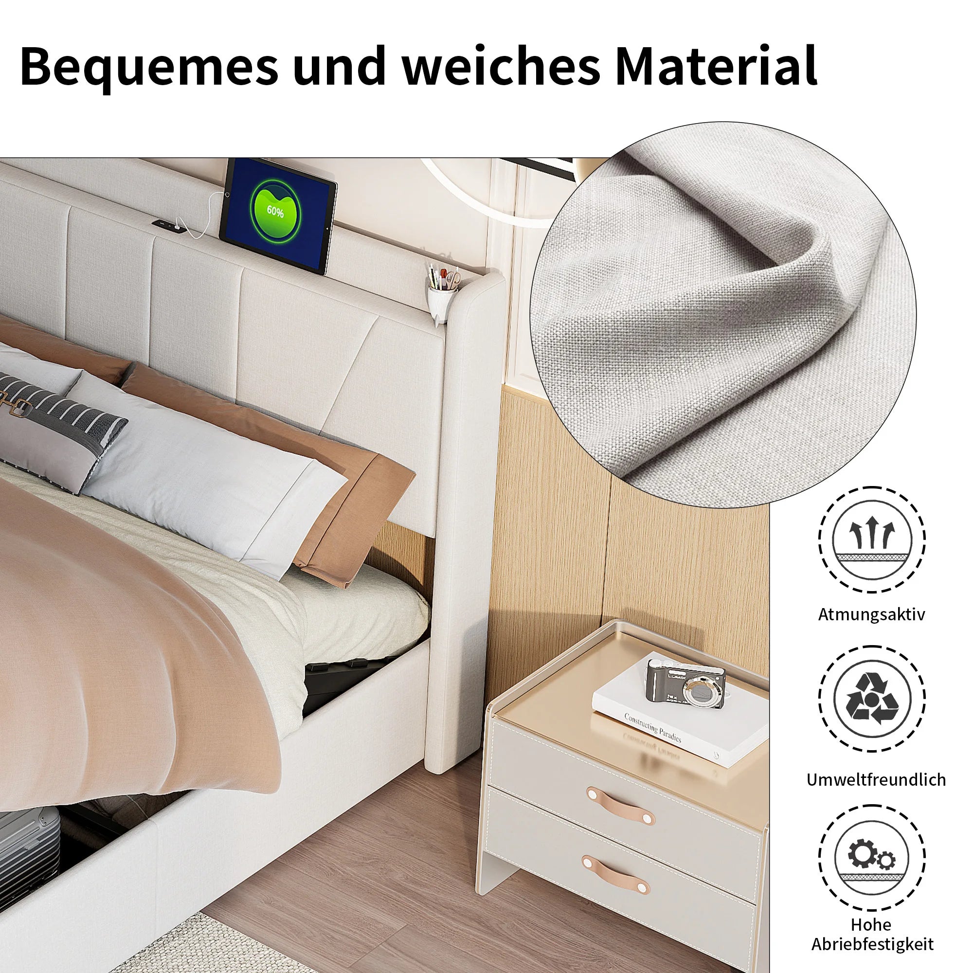 Tweepersoonsbed met Opbergruimte en USB‑Aansluiting – 140/160×200 cm – Gestoffeerd Bedframe