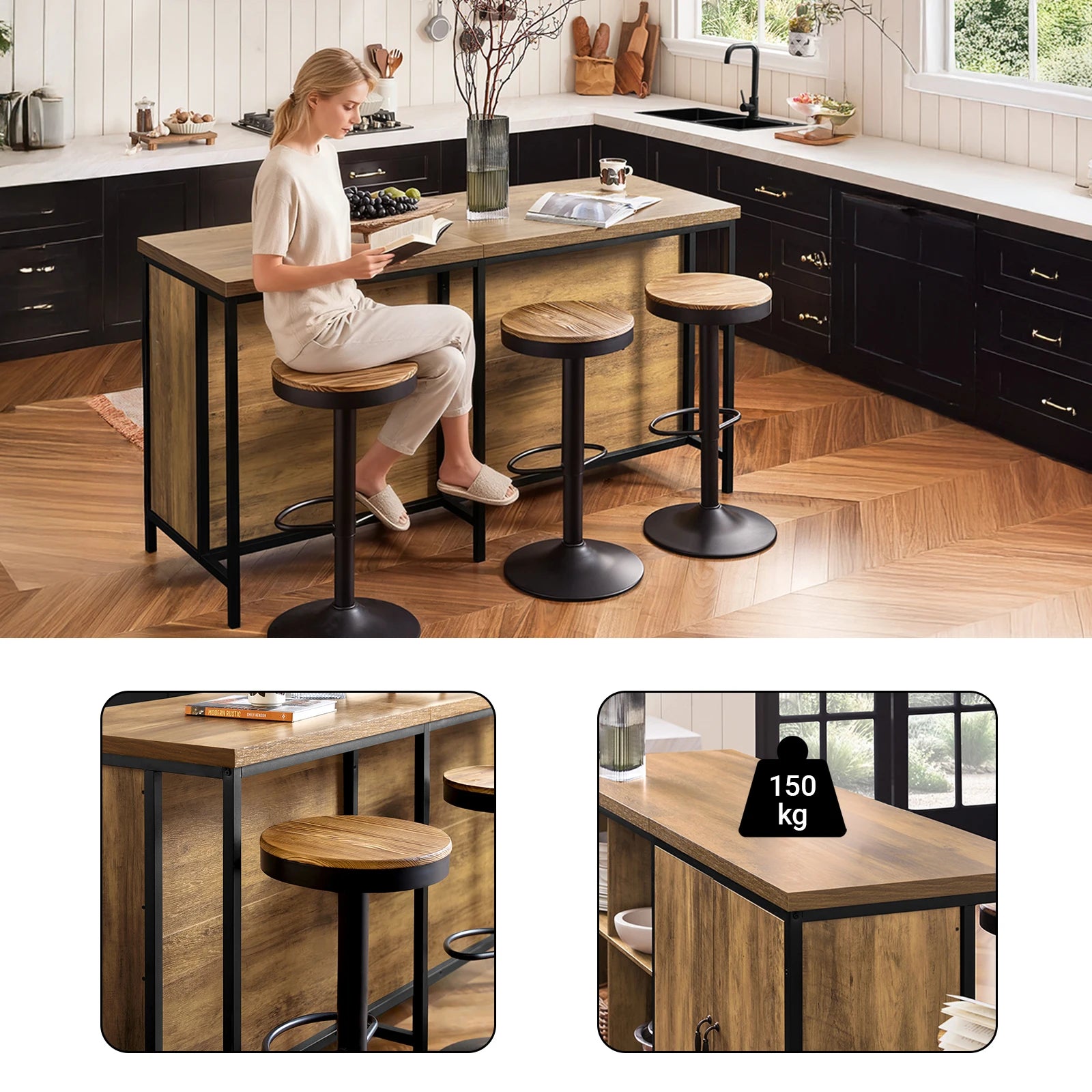 Vrijstaand Industrieel Keukeneiland 170 cm – Dressoir Bartafel met Opbergruimte – Metaal & MDF Bruin