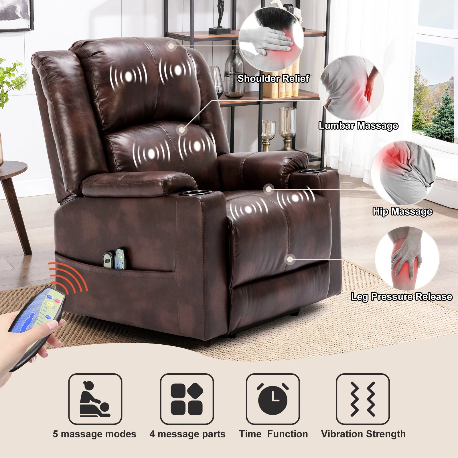 Elektrische Sta-op Relaxfauteuil met Massagefunctie – Verstelbare TV Stoel met Liftfunctie, Kunstleer & Bekerhouders