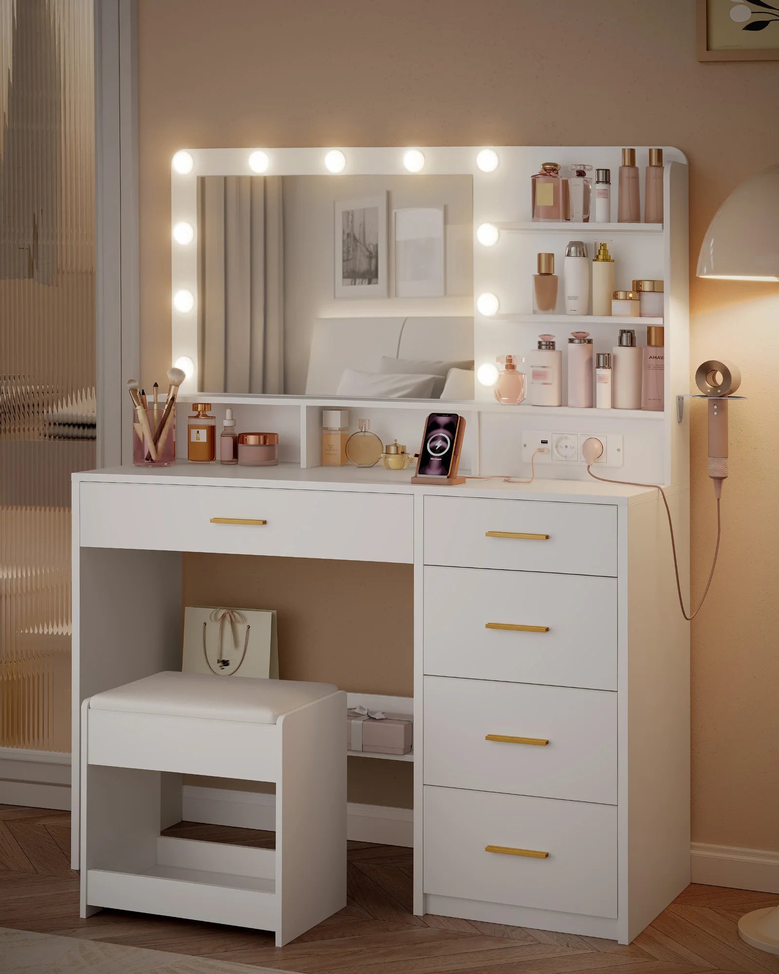 Grote Make‑up Tafel met LED Spiegel, Kruk en Oplaadstation – Moderne Schoonheidstafel voor Slaapkamer
