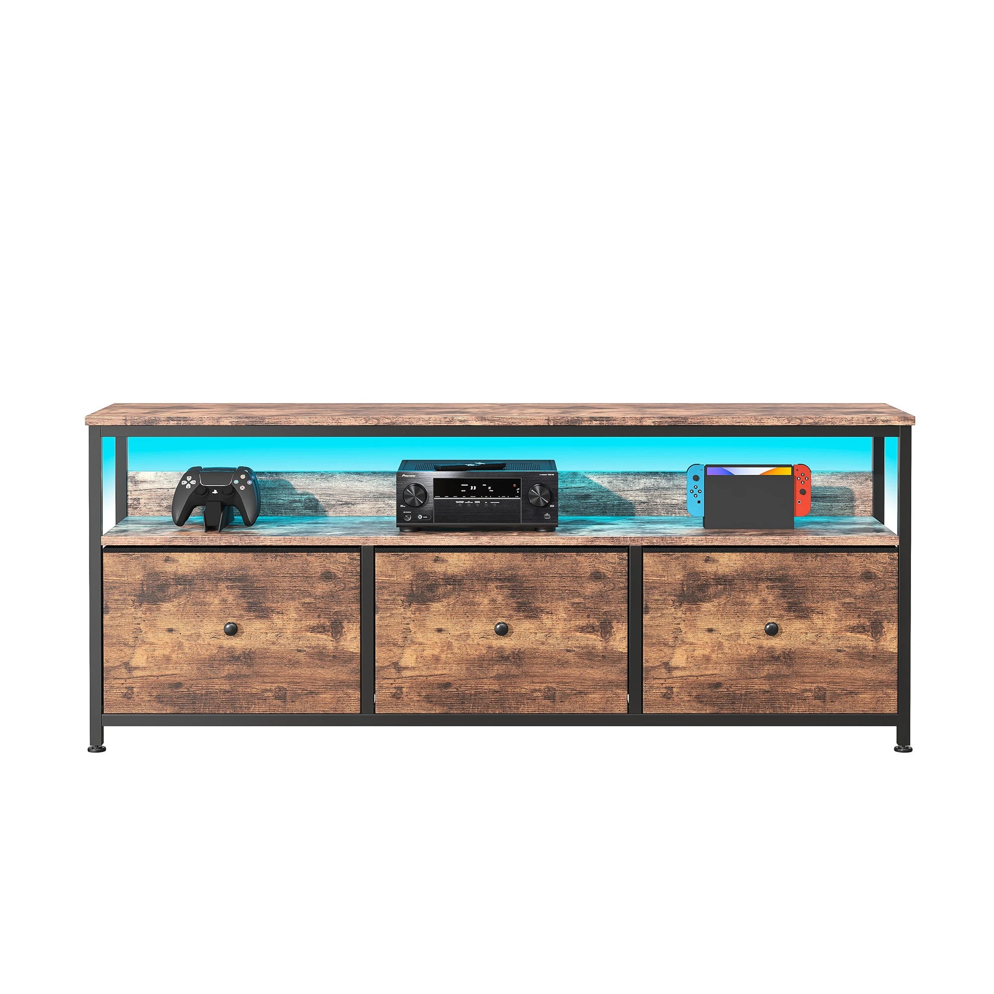 Vintage LED TV‑Meubel met 3 Stoffen Lades – Industrieel & Retro Design