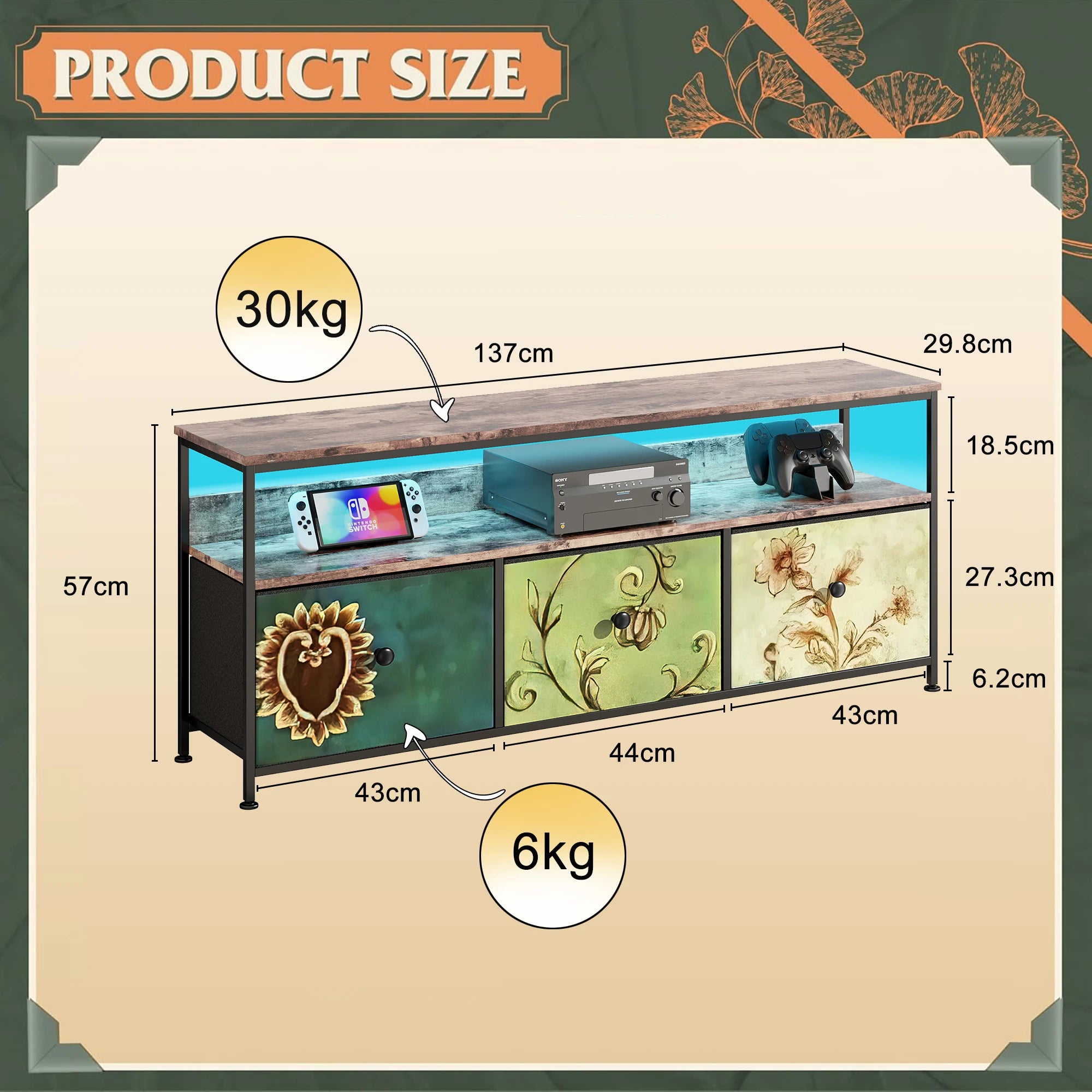 Vintage LED TV‑Meubel met 3 Stoffen Lades – Industrieel & Retro Design