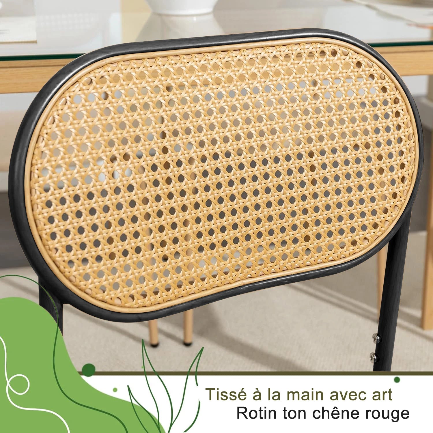 Retro Eetkamerstoelen Set van 2 met Rieten Rugleuning – Comfortabele Gestoffeerde Zitting, Stevig IJzeren Frame, Antislipvoetjes – Voor Keuken, Eetkamer & Terras