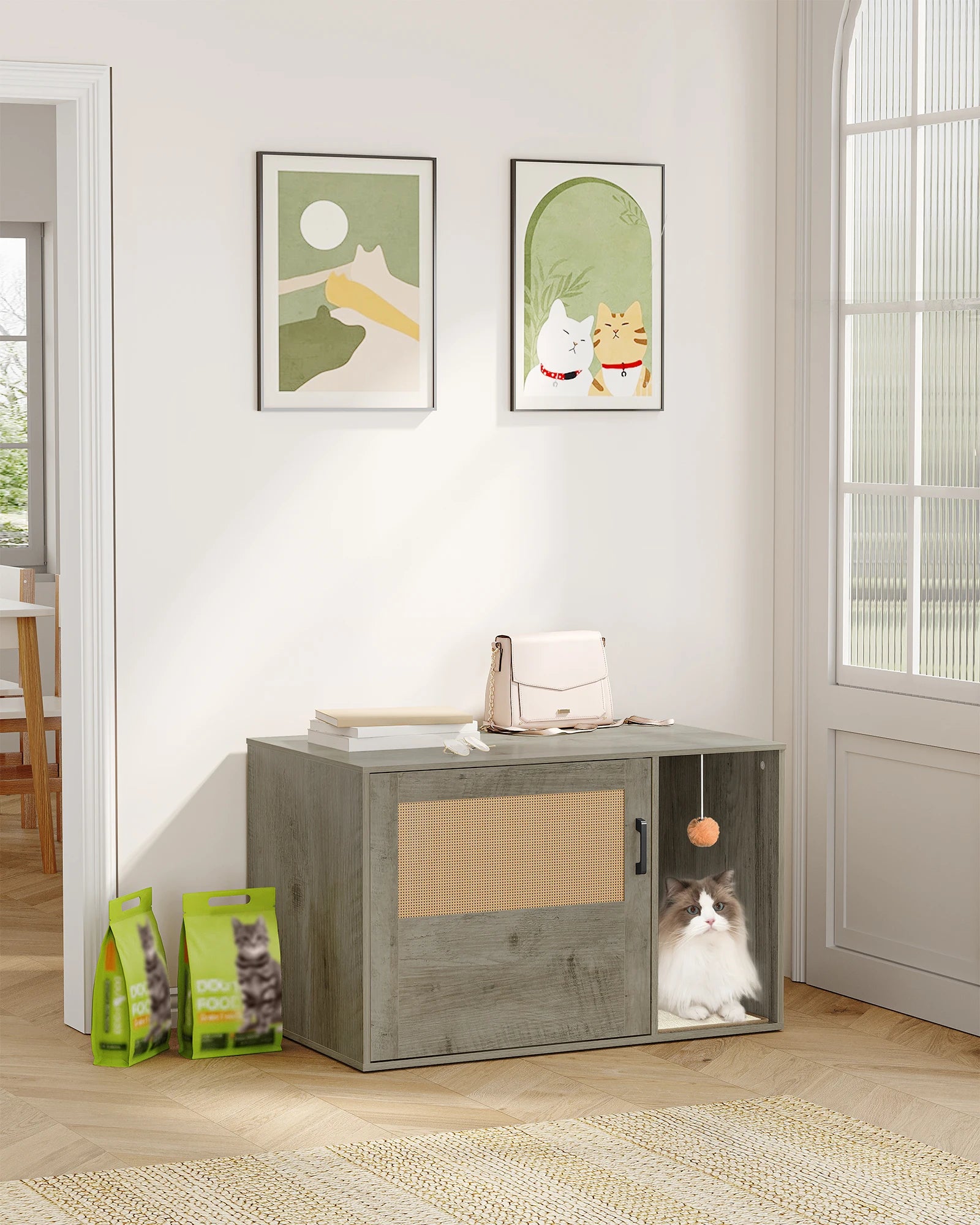 Grijze Kattenkast met Rieten Deur – Verborgen Kattenbak & Stijlvol Kattenhuis met Opbergruimte