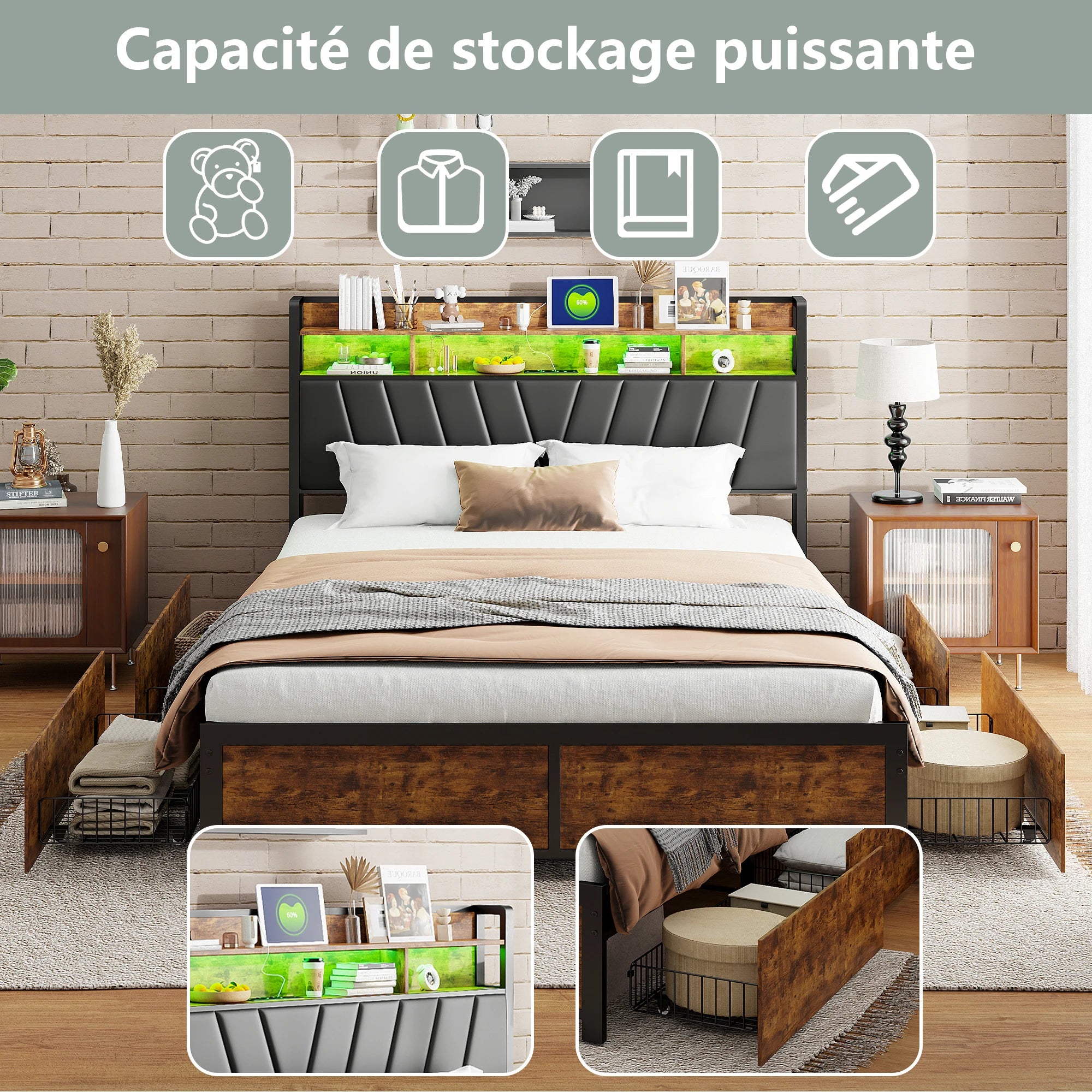 Tweepersoonsbedframe met LED‑verlichting en opbergruimte – 140‑180×200 cm
