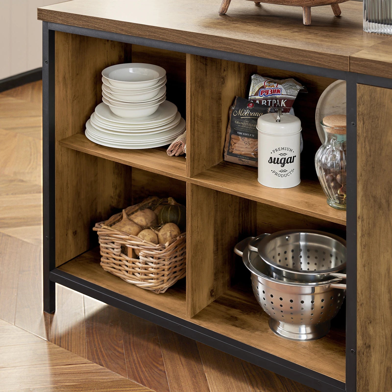 Vrijstaand Industrieel Keukeneiland 170 cm – Dressoir Bartafel met Opbergruimte – Metaal & MDF Bruin