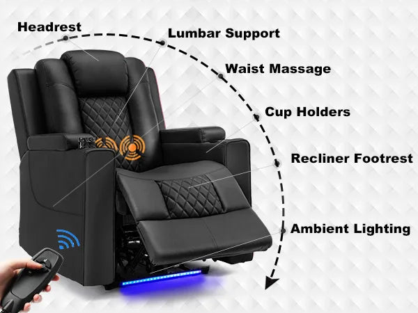 Elektrische Relaxfauteuil met Massage & LED – Verstelbare TV Stoel met Bekerhouders en Opbergvakken – Luxe Home Cinema Fauteuil