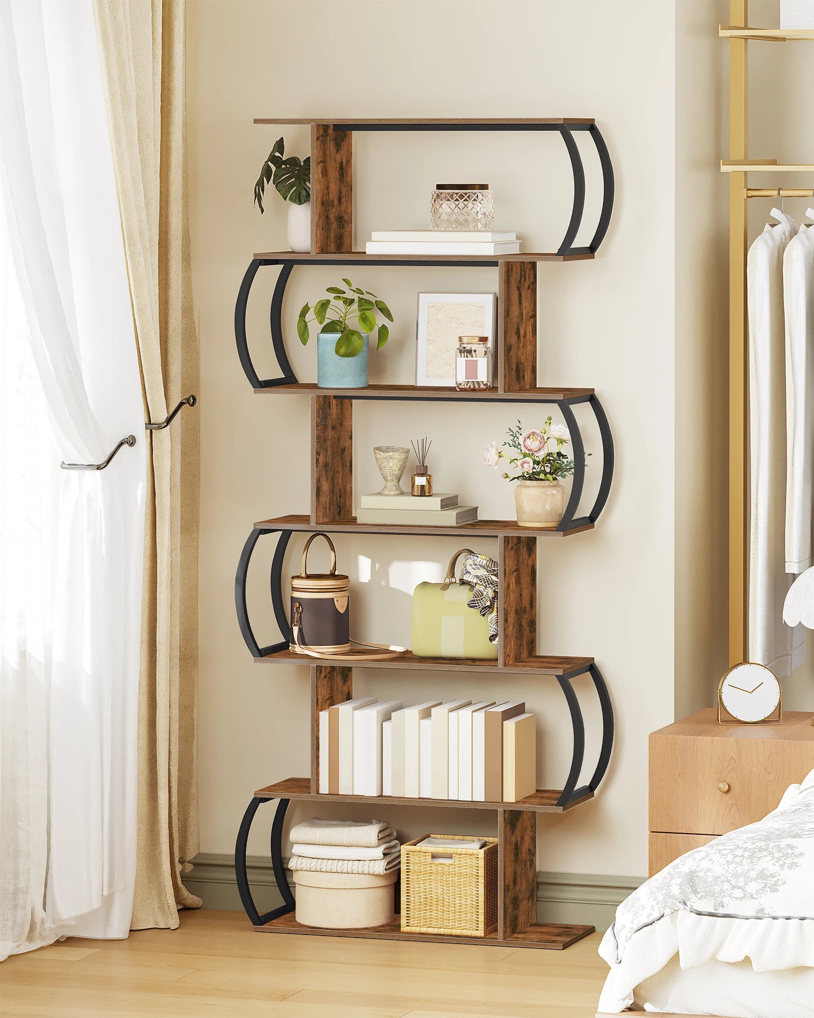 S-vormige Boekenkast 6 Niveaus – Industriële Open Kast van Hout en Metaal – Moderne Opbergkast & Roomdivider