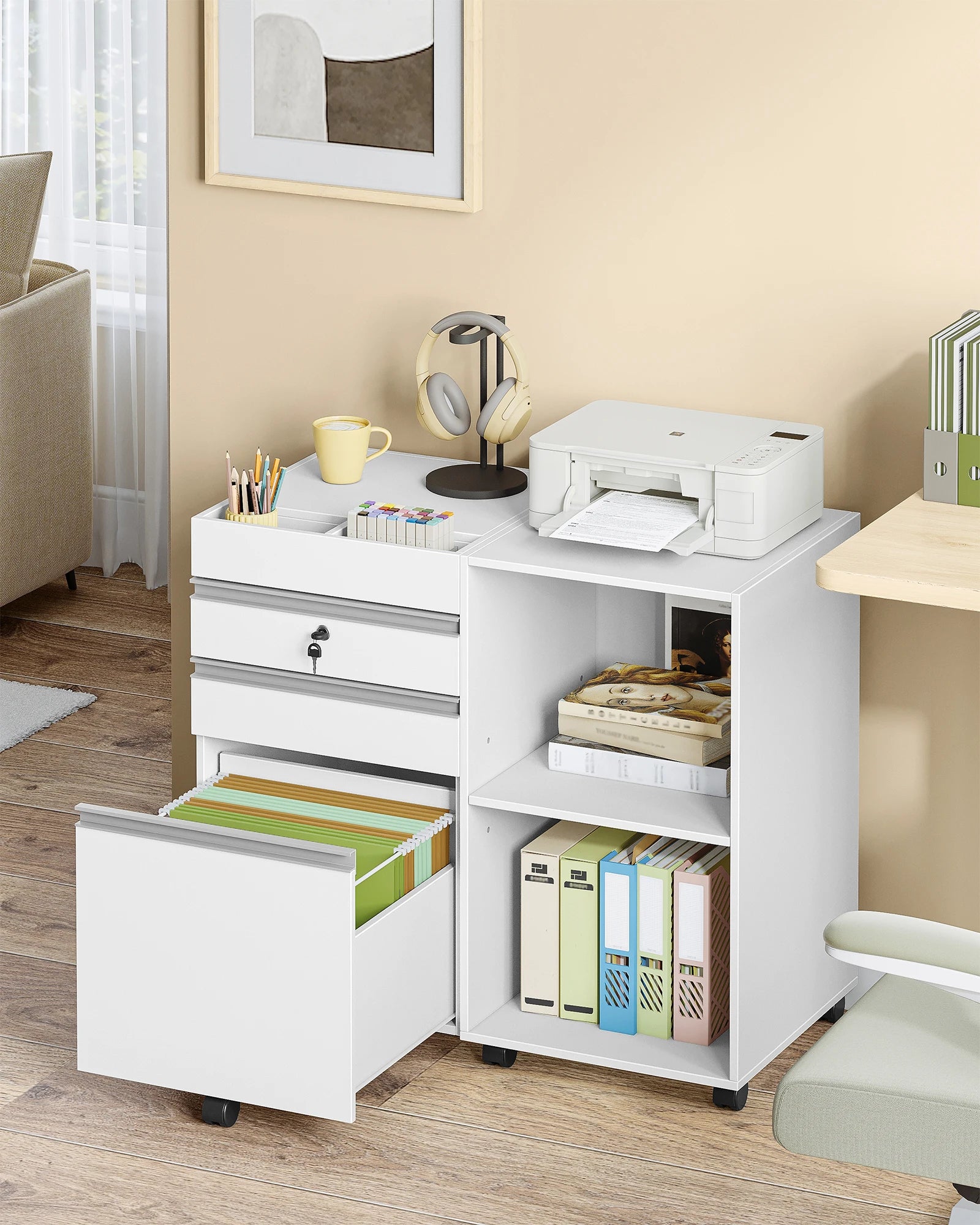Mobiele 3‑Laden Archiefkast onder Bureau – Rolcontainer met Slot voor Kantoor en Thuis