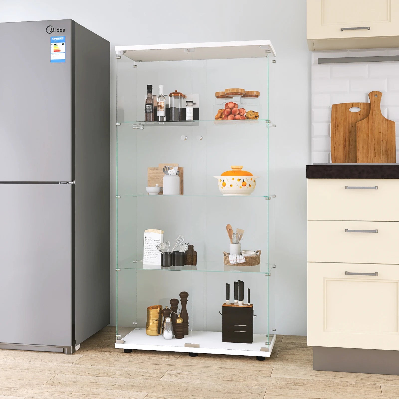 Staande LED Vitrinekast met 4 Niveaus – Moderne Displaykast voor Woonkamer & Slaapkamer