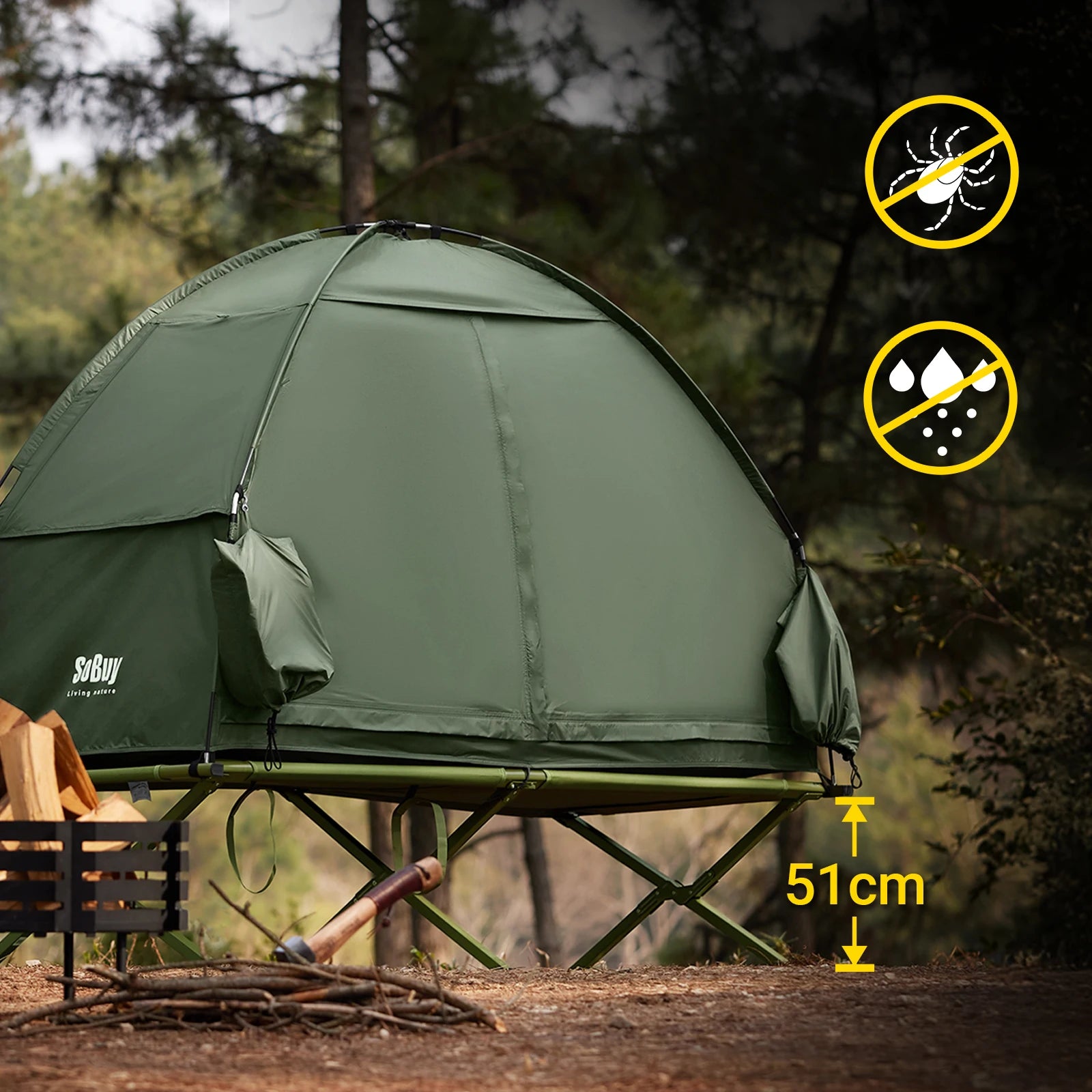 3-in-1 Eenpersoons Campingtent Groen – Lichtgewicht Outdoor Tent met Muskietennet & Opklapbaar Campingbed