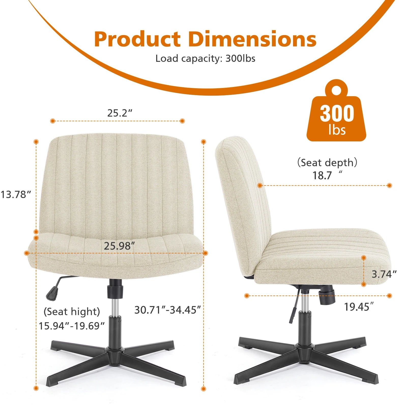 Brede verstelbare armloze draaistoel voor kantoor, woonkamer, gaming & bureau – comfortabele stof – 360° swivel