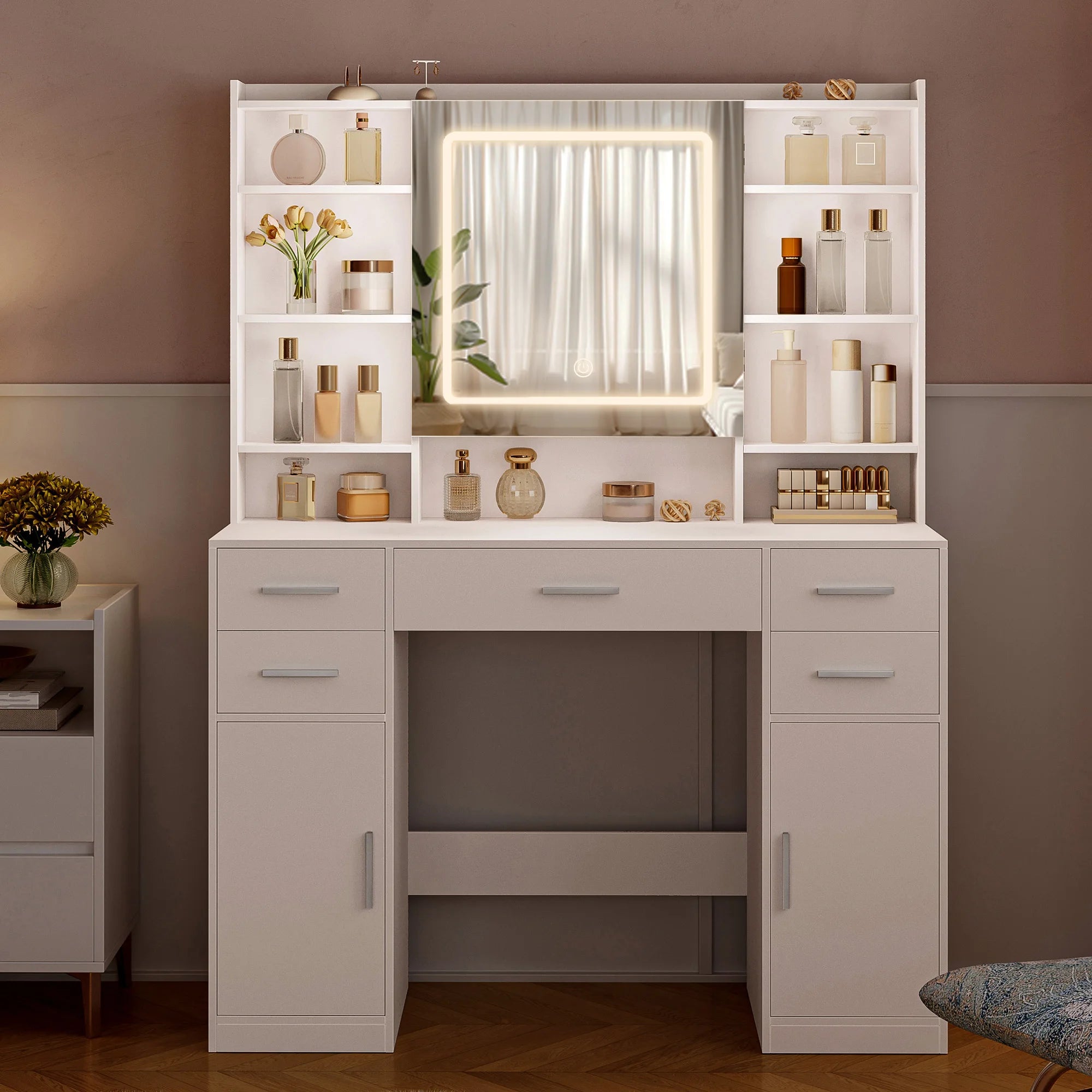 Kaptafel met Spiegel – Moderne Make‑Up Tafel met 5 Laden, 2 Kastjes & 9 Open Vakken