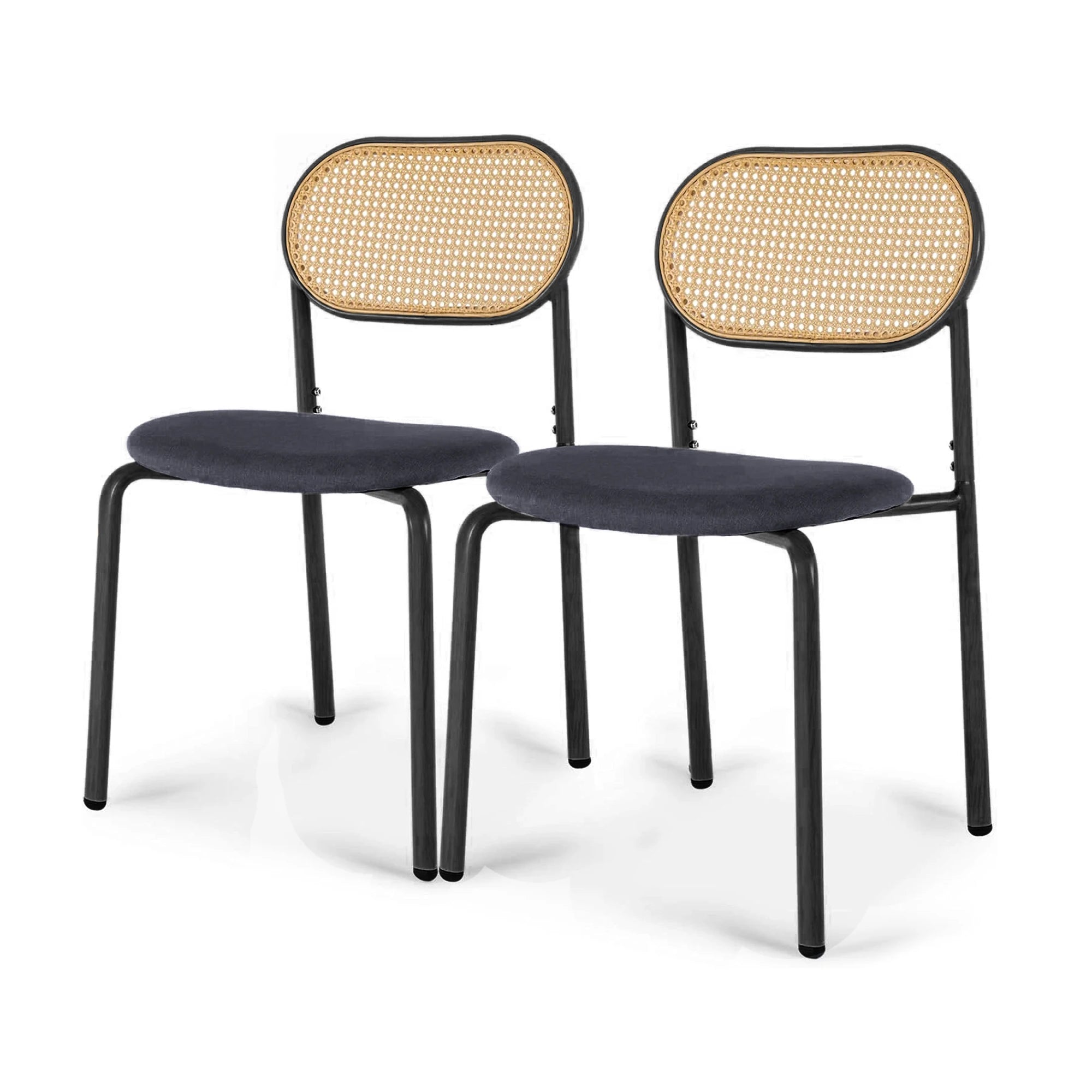 Retro Eetkamerstoelen Set van 2 met Rieten Rugleuning – Comfortabele Gestoffeerde Zitting, Stevig IJzeren Frame, Antislipvoetjes – Voor Keuken, Eetkamer & Terras