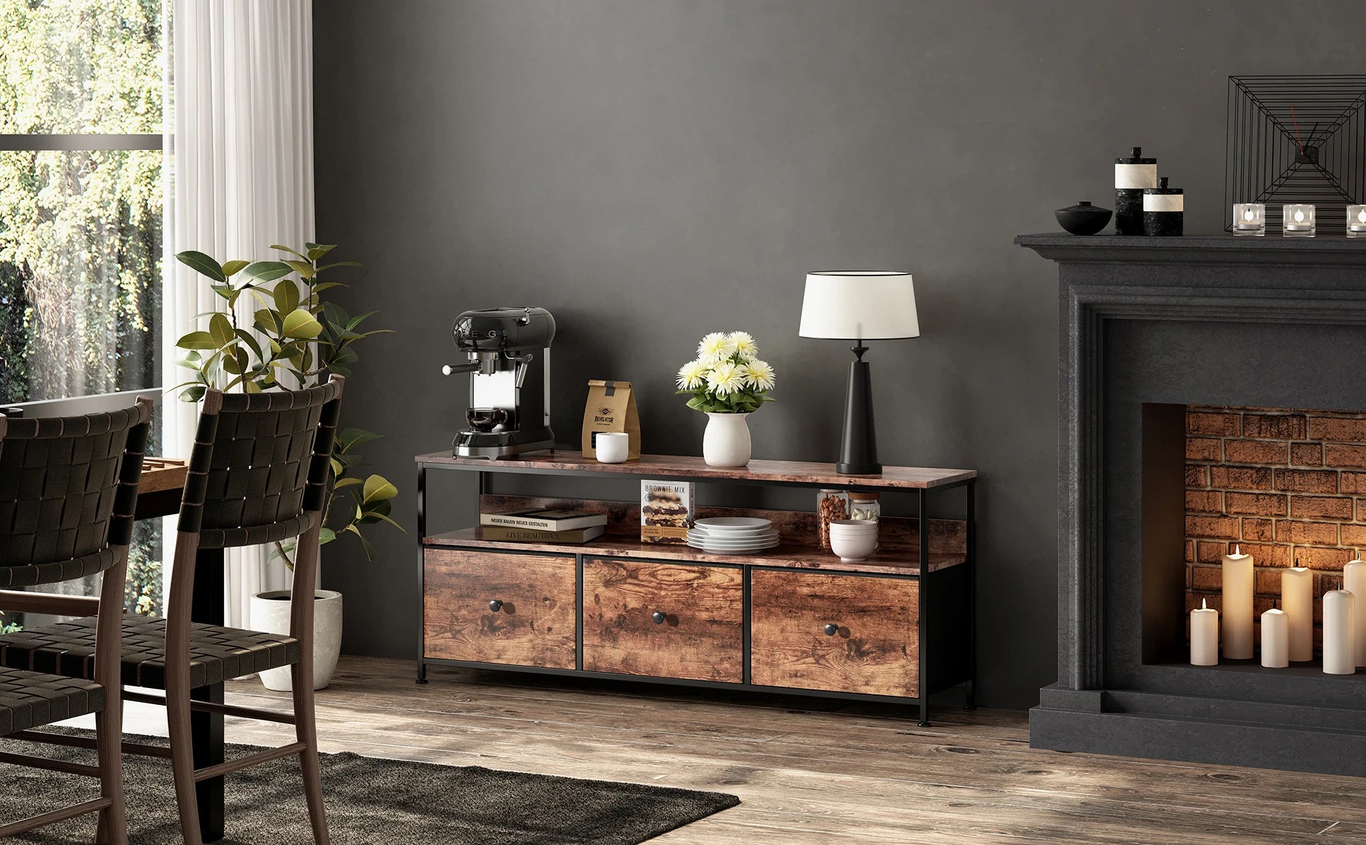 Vintage LED TV‑Meubel met 3 Stoffen Lades – Industrieel & Retro Design