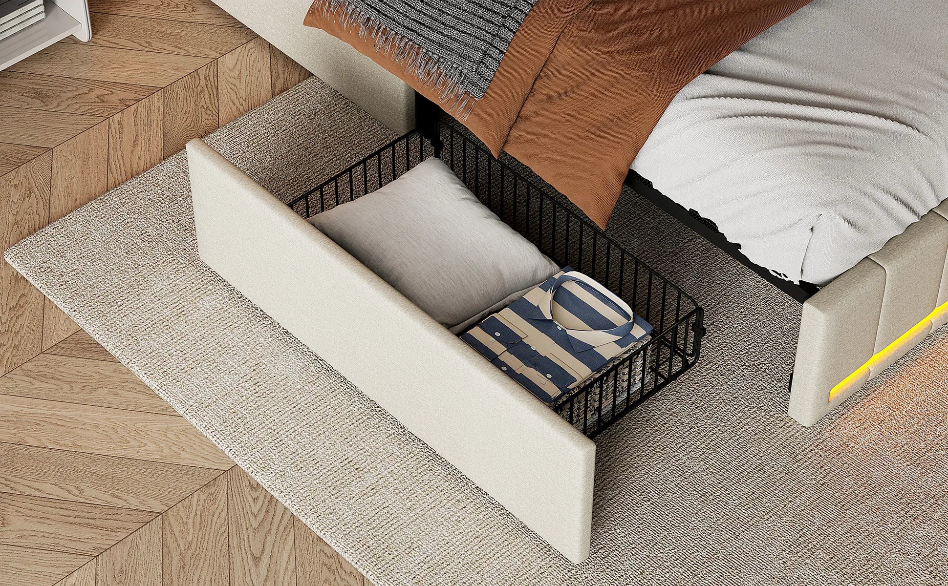 Linnen Bed 140-160x200 cm met Opberglades, LED Verlichting & USB Oplaadpoorten