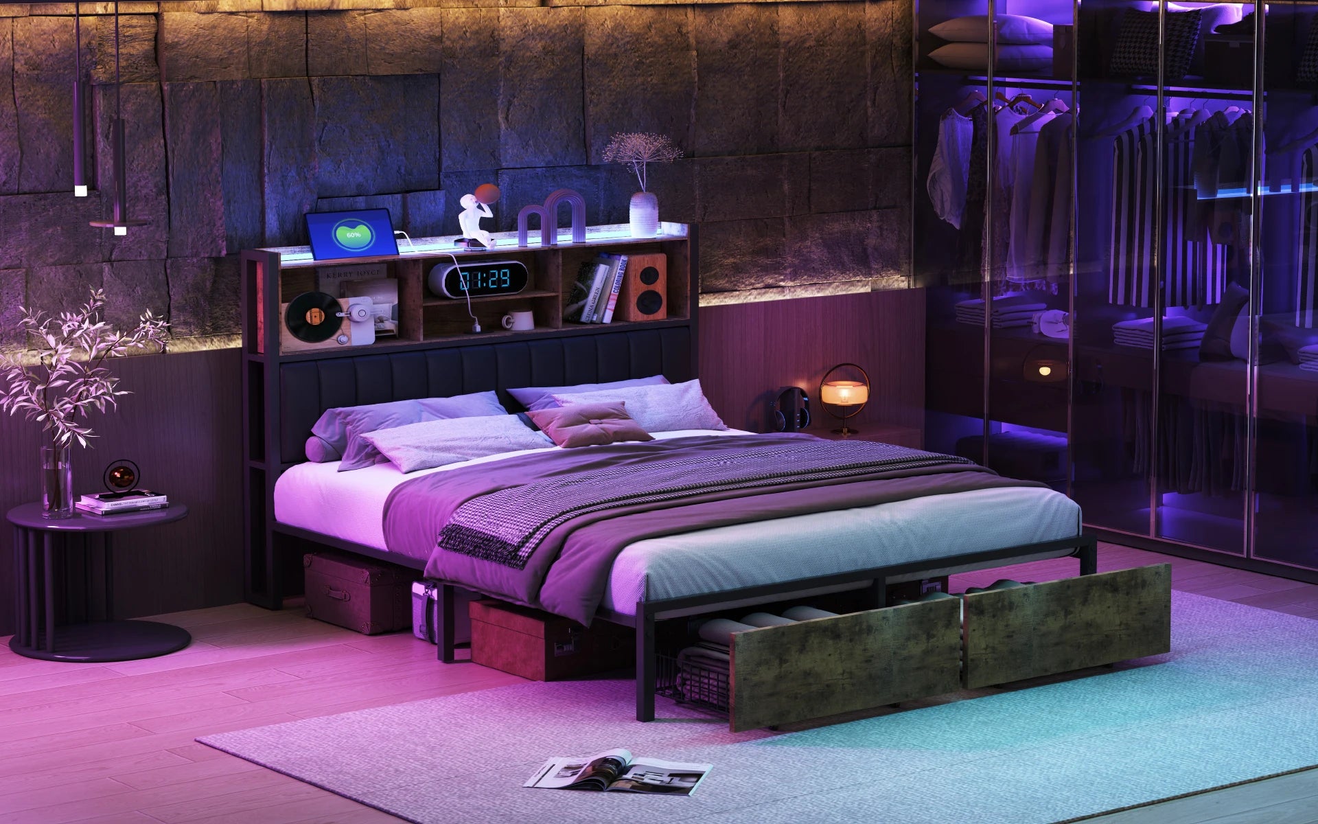 Bedframe 140–180x200 cm Zwart met LED‑verlichting en USB‑poorten – Gestoffeerd Opbergbed