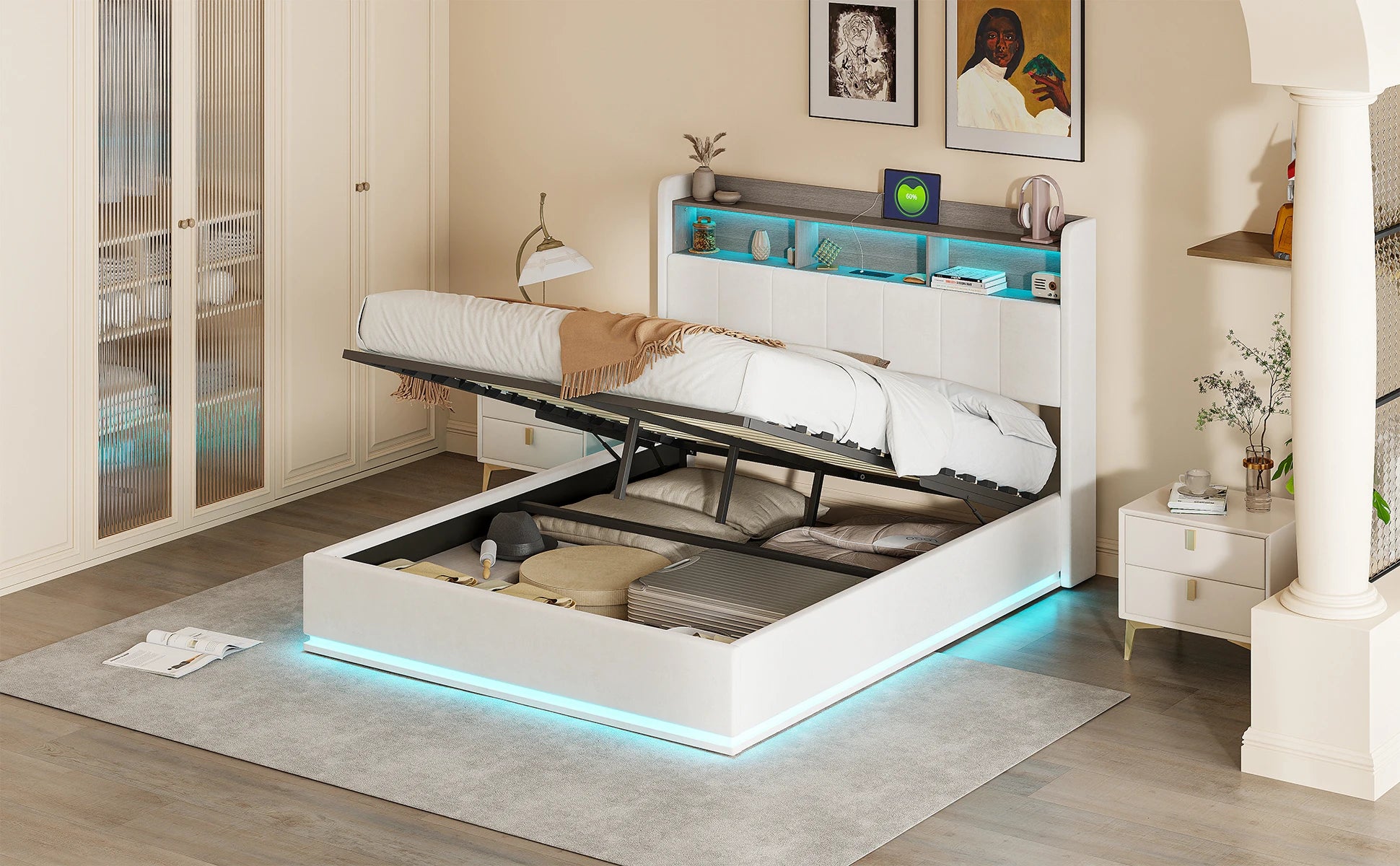 Gestoffeerd bed 140x200 cm met LED‑verlichting en hydraulische opbergruimte – modern en praktisch design