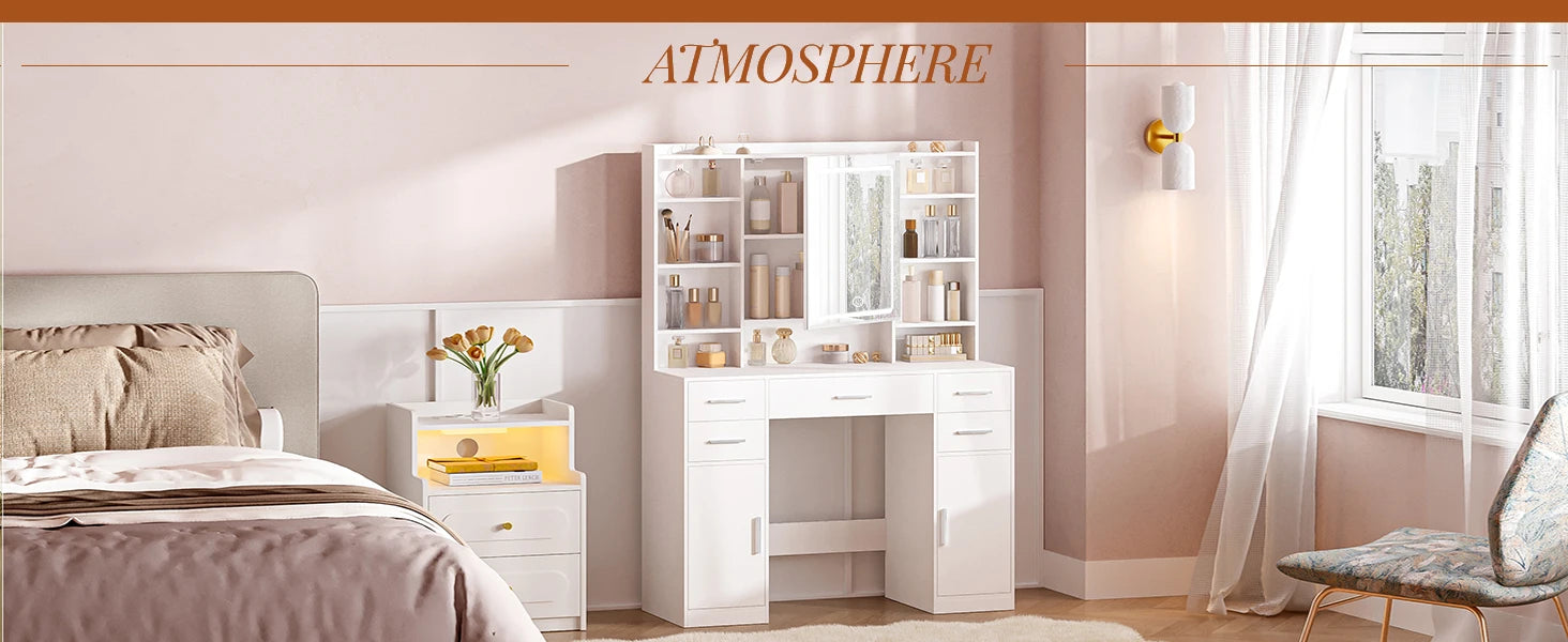 Kaptafel met Spiegel – Moderne Make‑Up Tafel met 5 Laden, 2 Kastjes & 9 Open Vakken