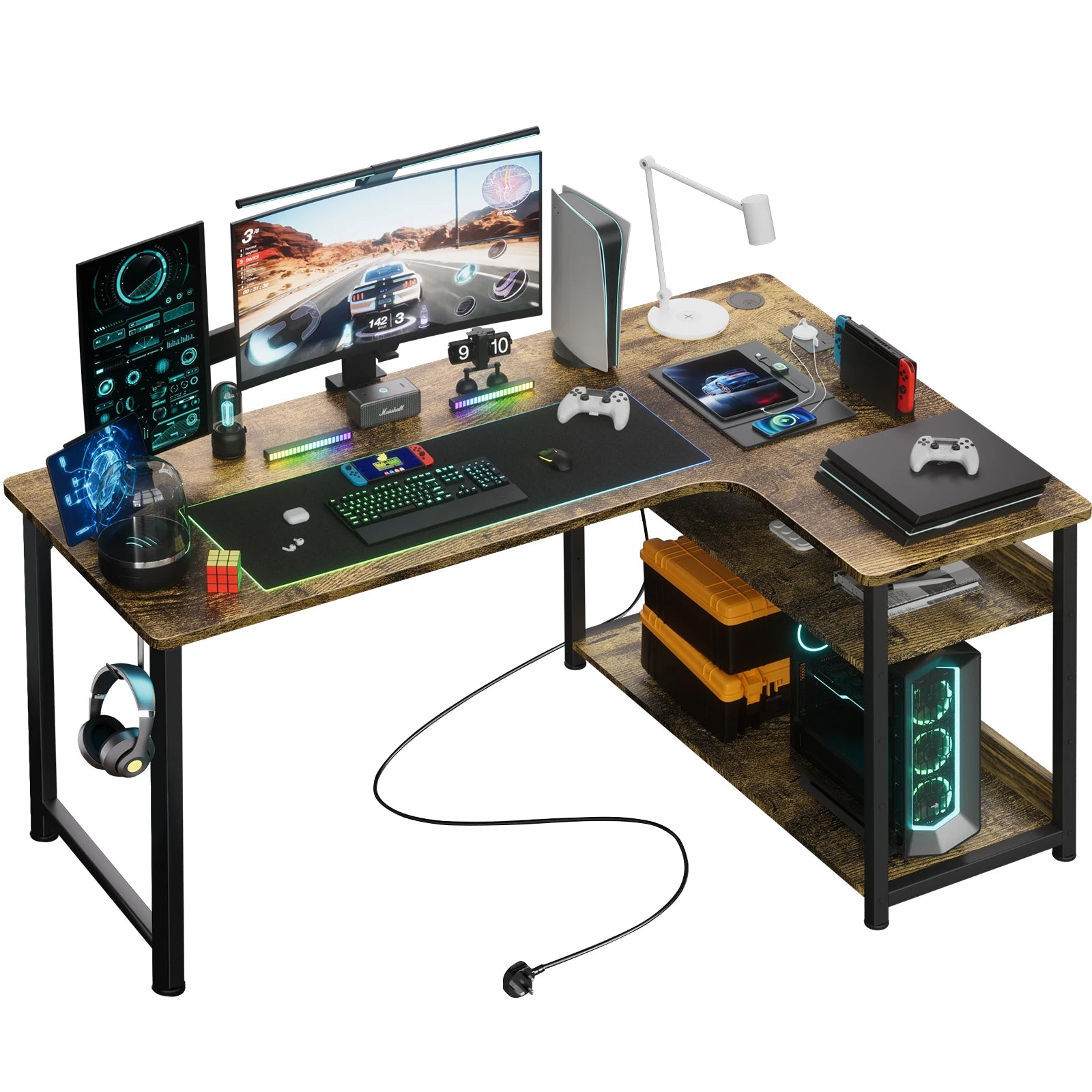 Gaming Bureau L-Vorm 120 cm met USB & Stopcontact – Hoekbureau met Opbergplanken – Water- & Krasbestendig