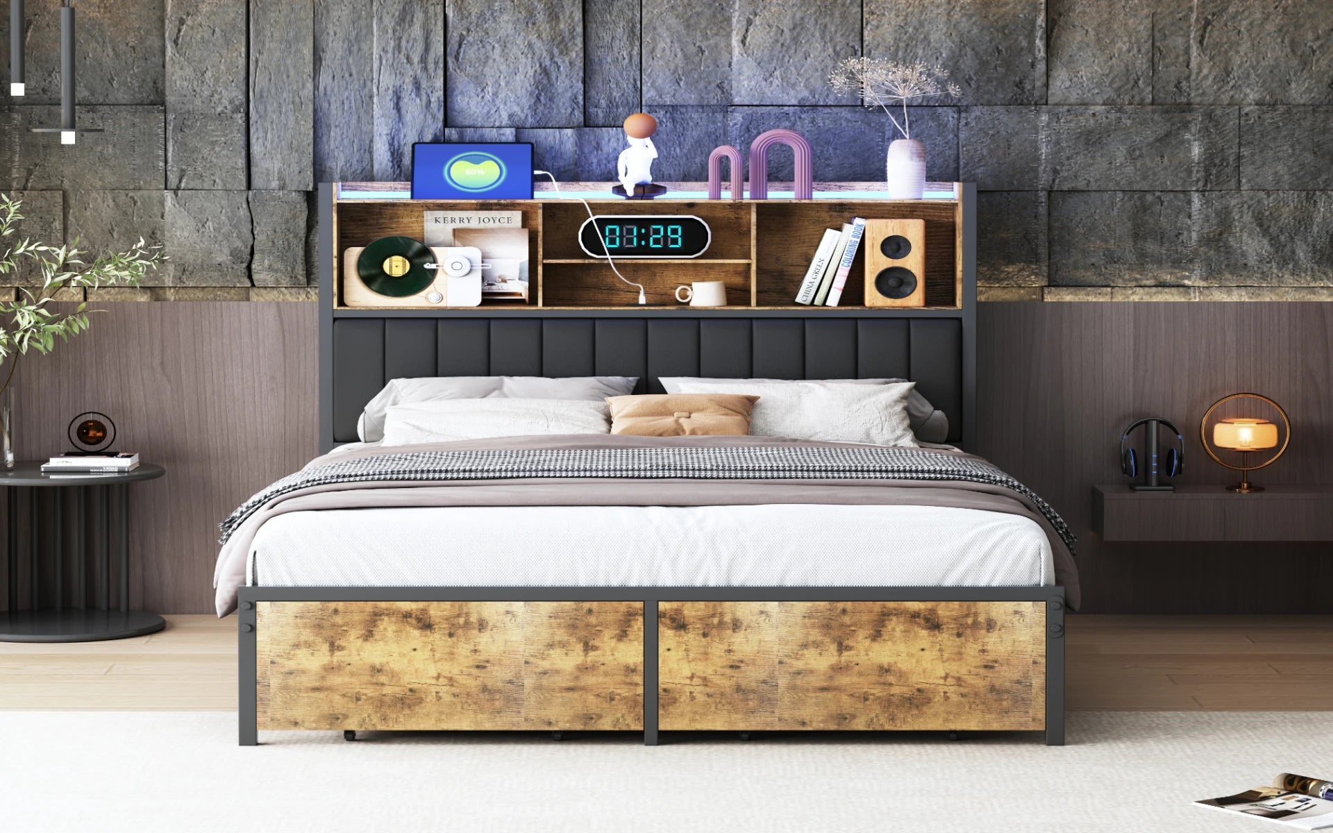Bedframe 140–180x200 cm Zwart met LED‑verlichting en USB‑poorten – Gestoffeerd Opbergbed