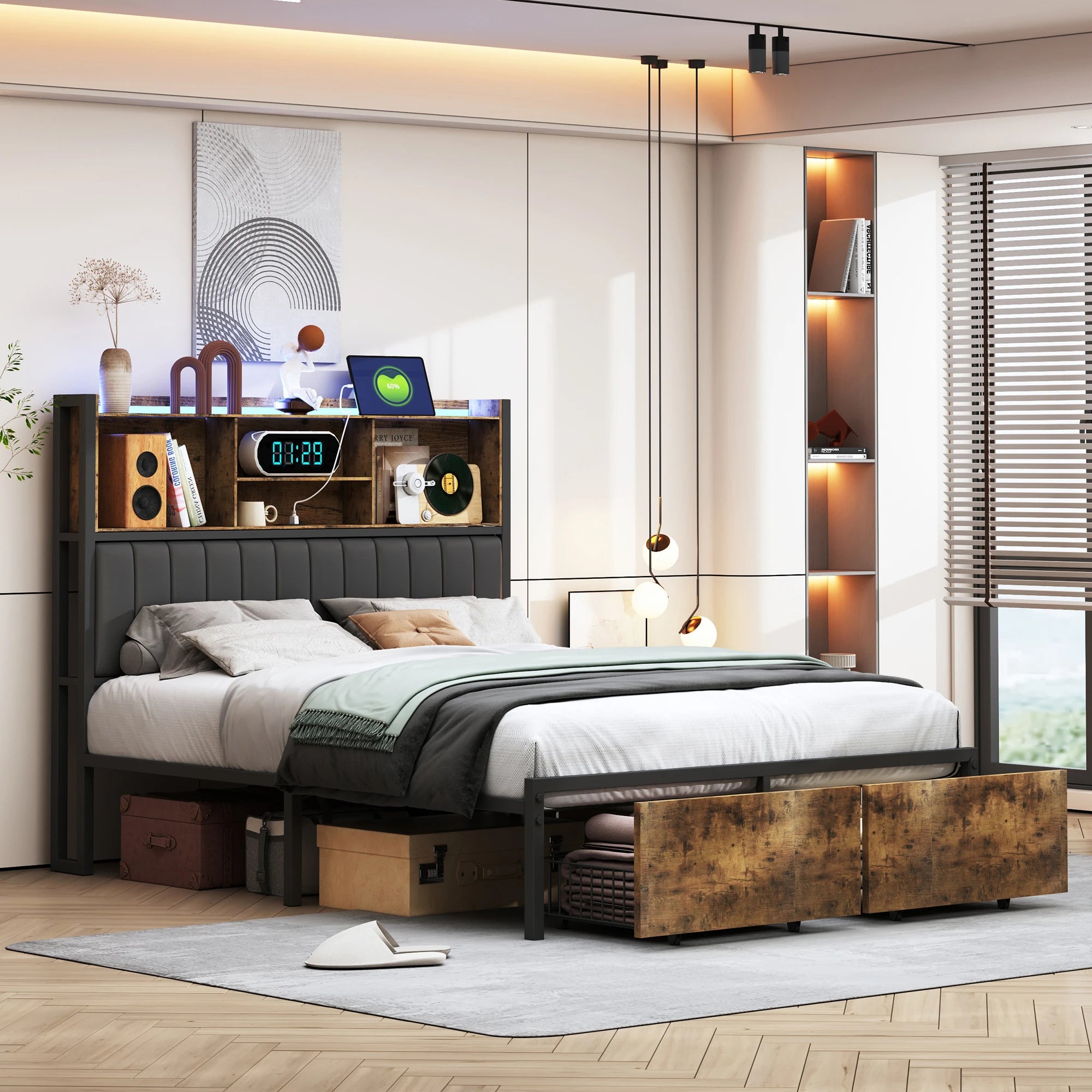 Bedframe 140–180x200 cm Zwart met LED‑verlichting en USB‑poorten – Gestoffeerd Opbergbed