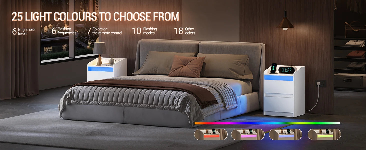 Nachtkastje met LED‑verlichting, Oplaadstation en 2 Lades – Modern Bedside Table