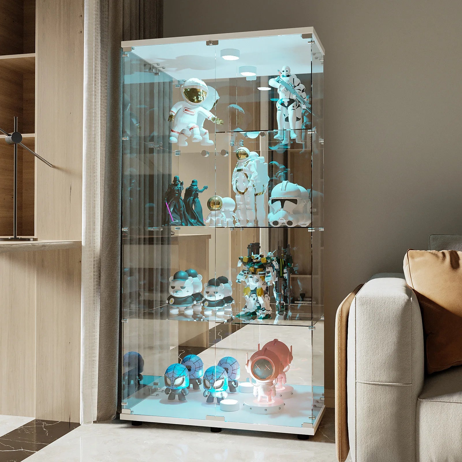 Staande LED Vitrinekast met 4 Niveaus – Moderne Displaykast voor Woonkamer & Slaapkamer