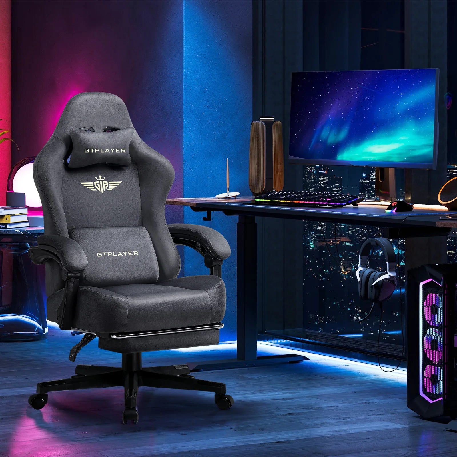 Ergonomische Gaming Stoel met Voetsteun en 150° Verstelbare Rugleuning – Ademend Stoffen Bureaustoel voor Gaming & Kantoor