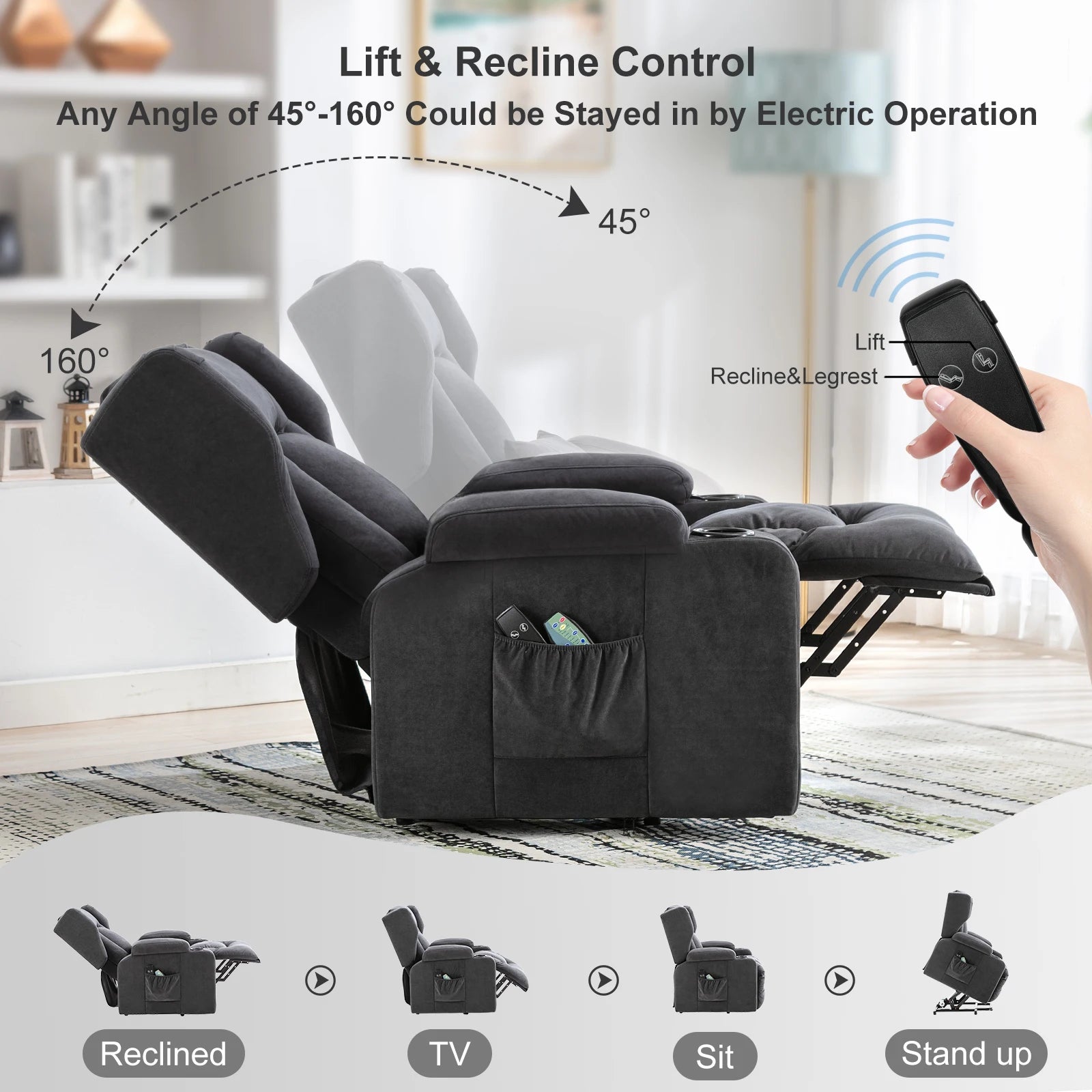 Elektrische Relaxfauteuil met Sta-op-Hulp, Massagefunctie & Stoffen Bekleding – TV‑stoel voor Woonkamer