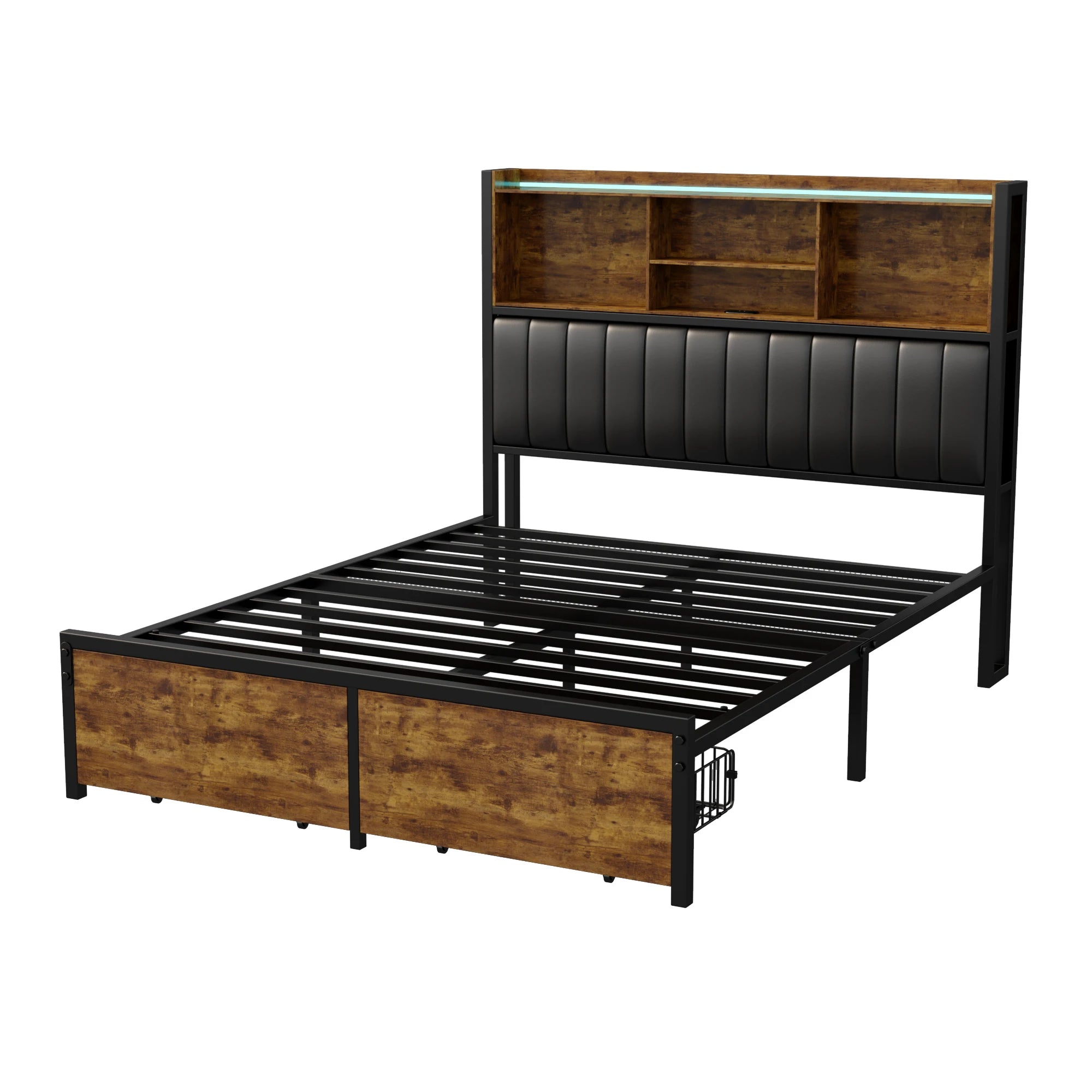 Bedframe 140–180x200 cm Zwart met LED‑verlichting en USB‑poorten – Gestoffeerd Opbergbed