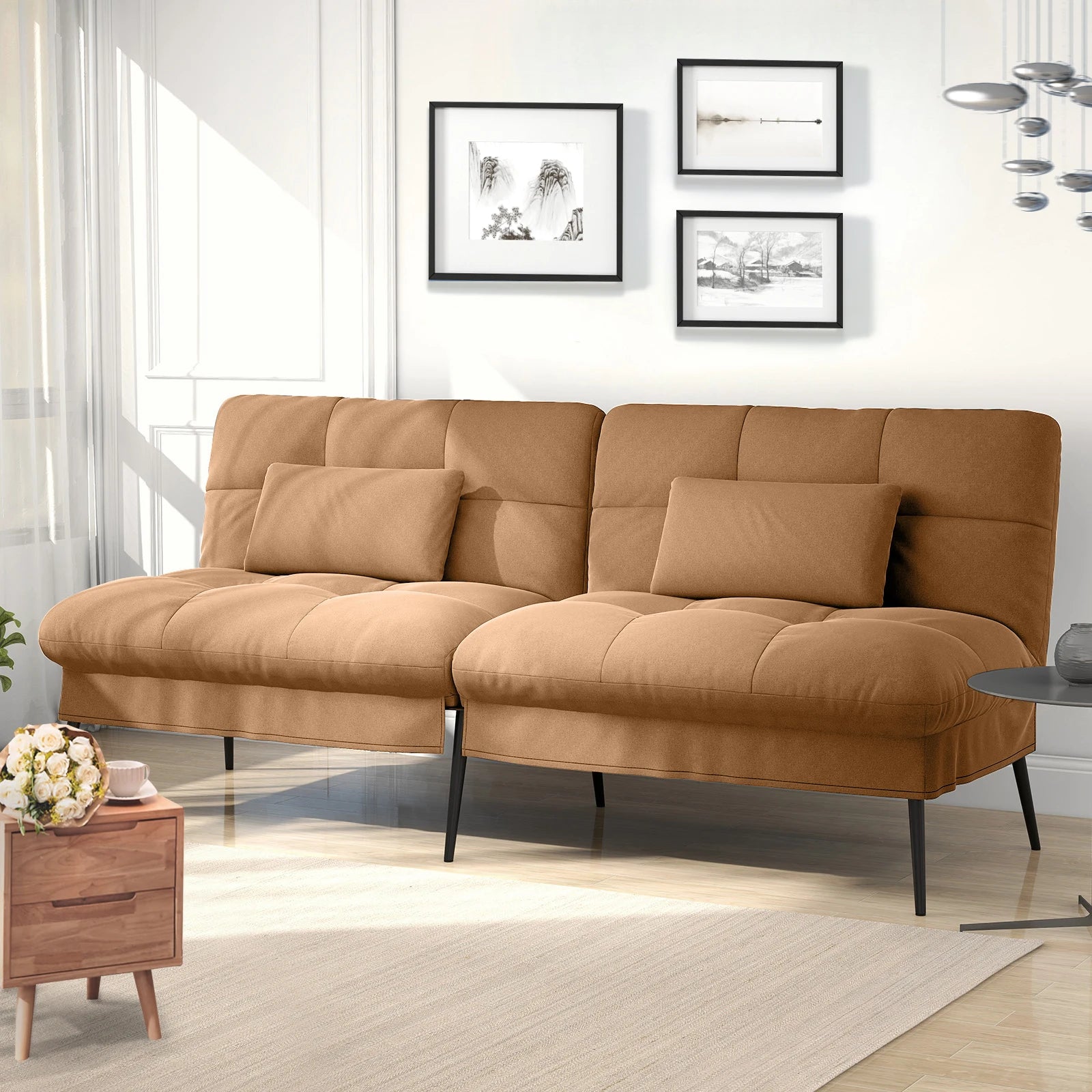 3-Zits Opvouwbare Slaapbank – Futon Hoekbank met Verstelbare Rugleuning – Grijs Stoffen Sofa Bed