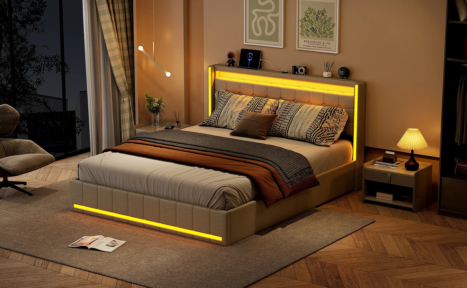 Linnen Bed 140-160x200 cm met Opberglades, LED Verlichting & USB Oplaadpoorten