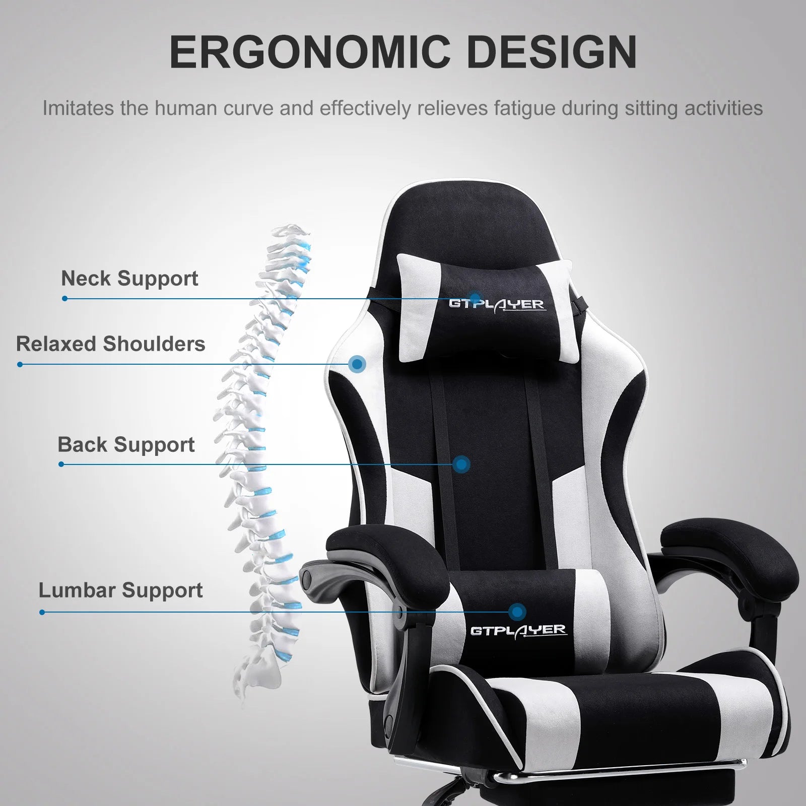 Ergonomische Gamingstoel met Voetensteun en Massage Lendenkussen – Stoffen Bureaustoel met Hoofdsteun