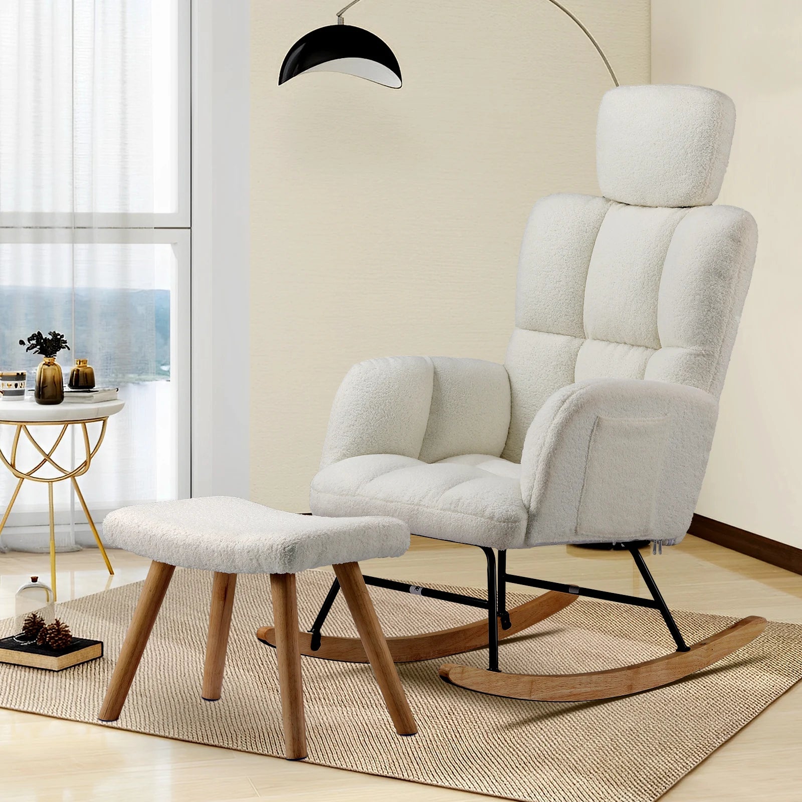 Schommelstoel Teddy – Rocking Chair met Armleuningen en Hoofdsteun – Zachte Fauteuil Beige